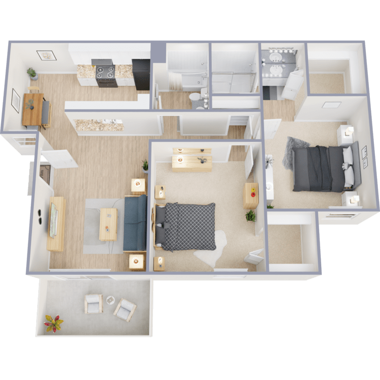 Plan D, a 2 bedroom 2 bathroom floor plan.
