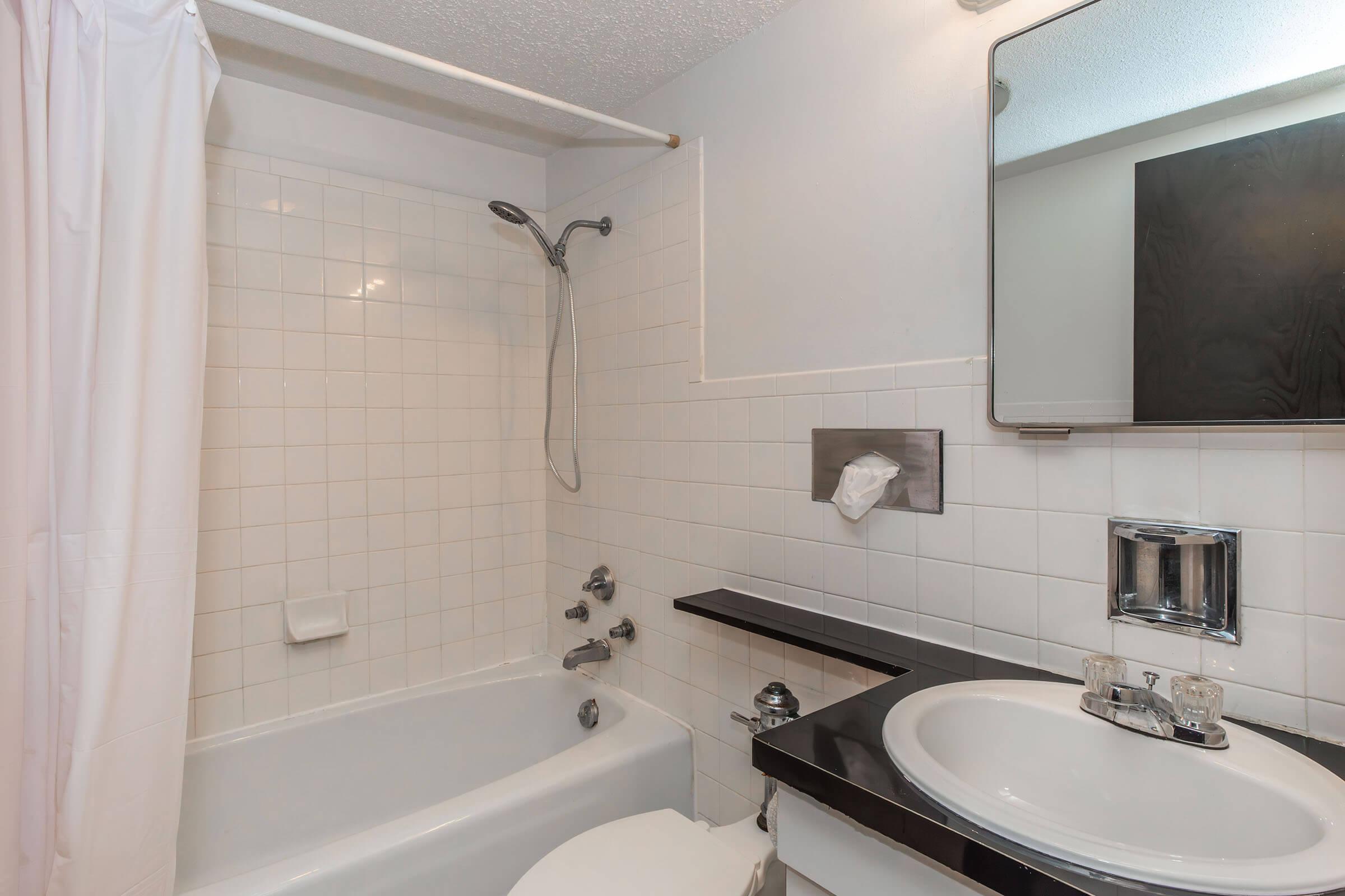 A clean, modern bathroom featuring a white tiled shower with a glass door, a curved bathtub, a round sink with a dark countertop, a mirror above the sink, and a wall-mounted tissue holder. The space is well-lit and neatly organized, with neutral-colored walls.