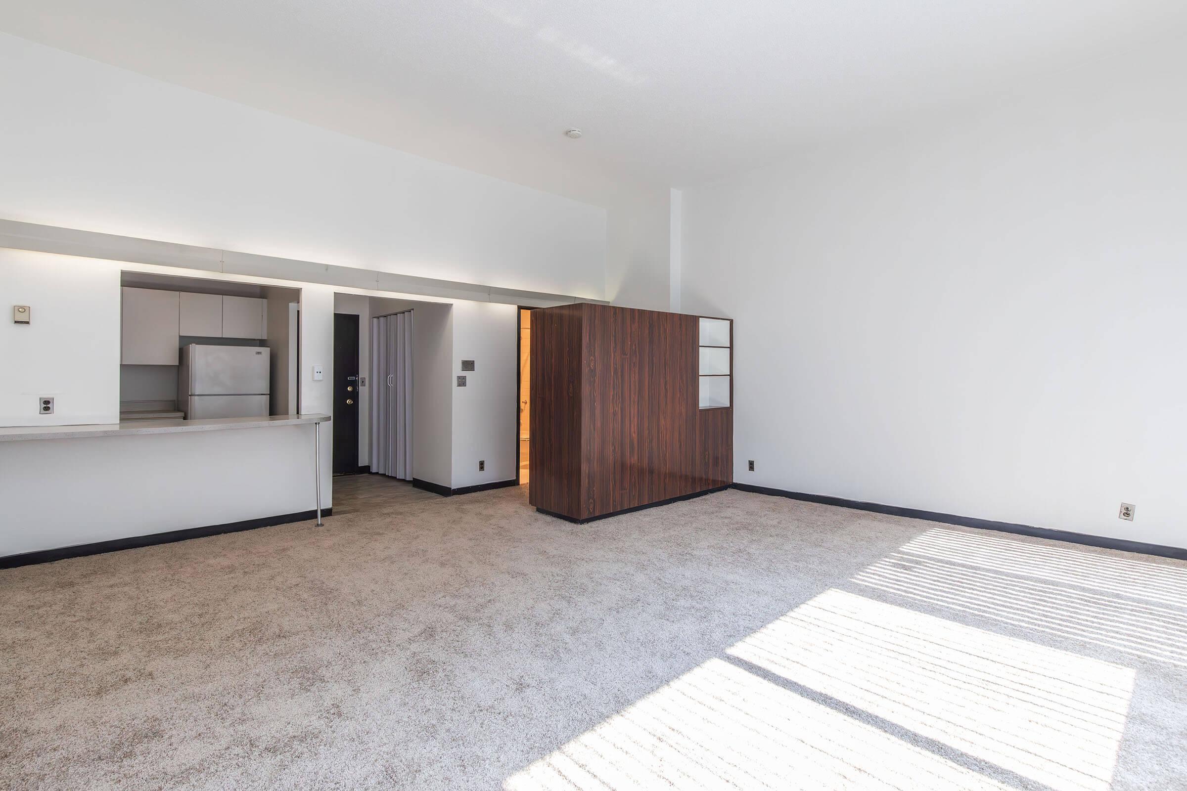 A spacious, empty room featuring light-colored walls and a plush carpet. There's a partition with wooden paneling separating it from a kitchen area, which includes a refrigerator. Large windows allow natural light to fill the space, creating a bright and airy atmosphere.