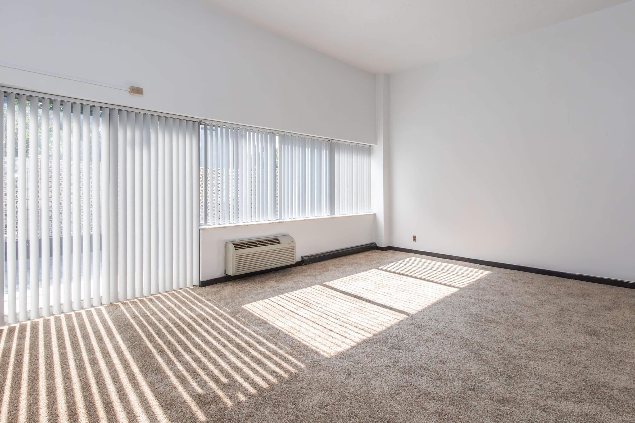 Bright, empty room with large vertical blinds covering the windows, casting striped shadows on the carpeted floor. The walls are painted white, and an air conditioning unit is positioned below one of the windows. The space has a minimalistic and airy feel.
