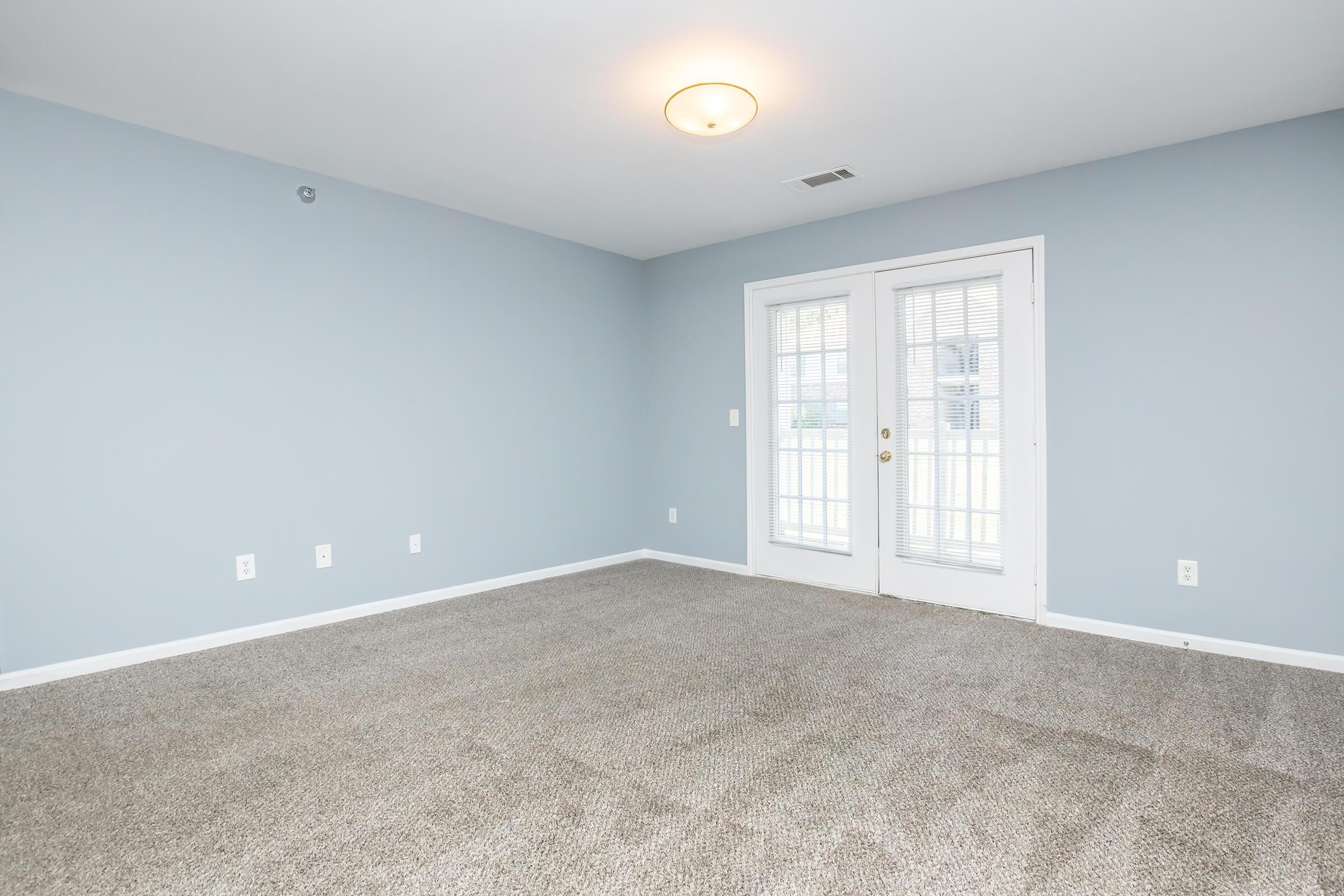 Empty room with light gray walls and a beige carpet. There's a ceiling light fixture and a pair of double doors with blinds leading to a patio. The room is spacious and well-lit, featuring no furniture or decorations.