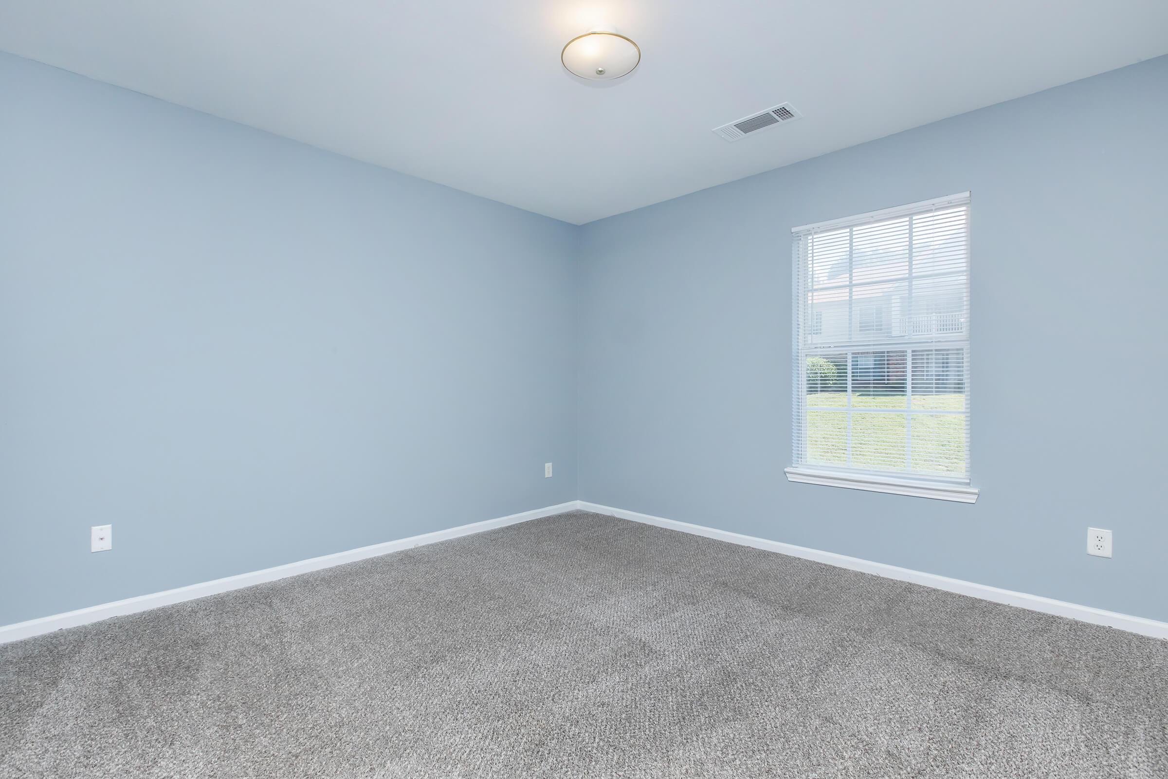 A spacious, empty room with light blue walls and a gray carpet. There is a single window with white blinds letting in natural light, and a simple ceiling light fixture. The room is devoid of furniture, emphasizing its clean and minimalist appearance.
