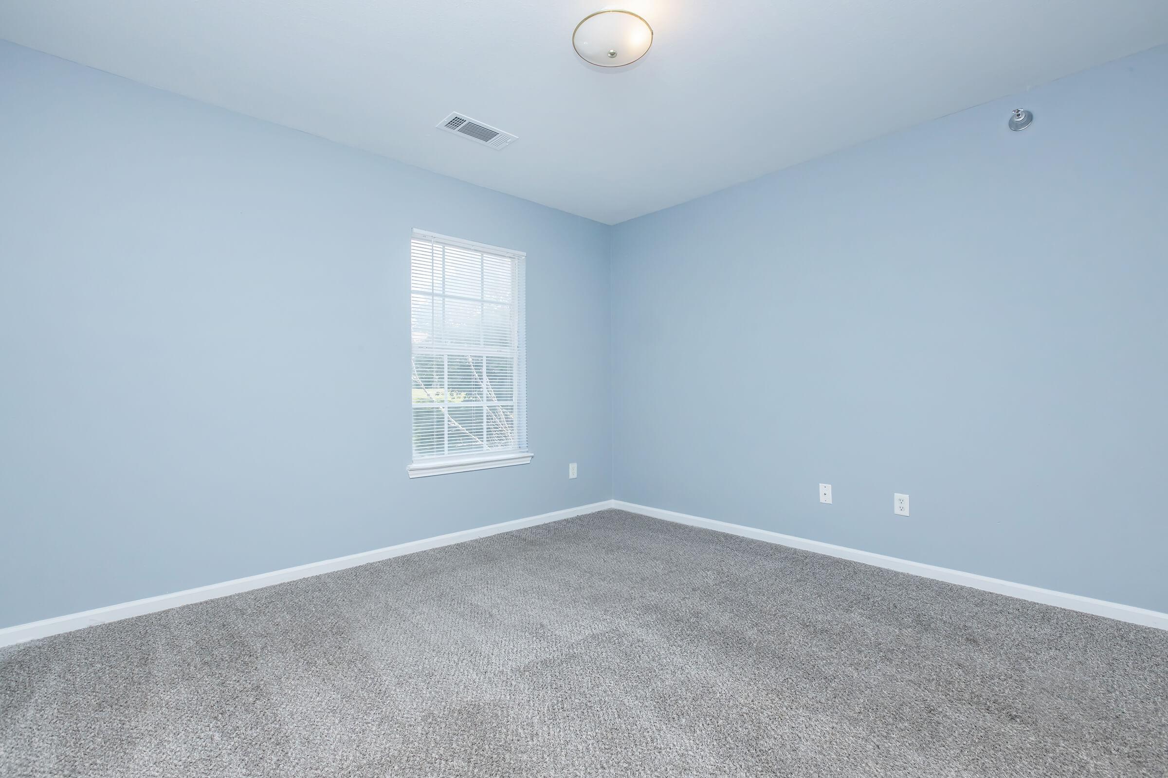 A well-lit, empty bedroom with light blue walls, a small window allowing natural light, and a carpeted floor. The room features a ceiling light and has no furniture, creating a spacious and clean aesthetic.