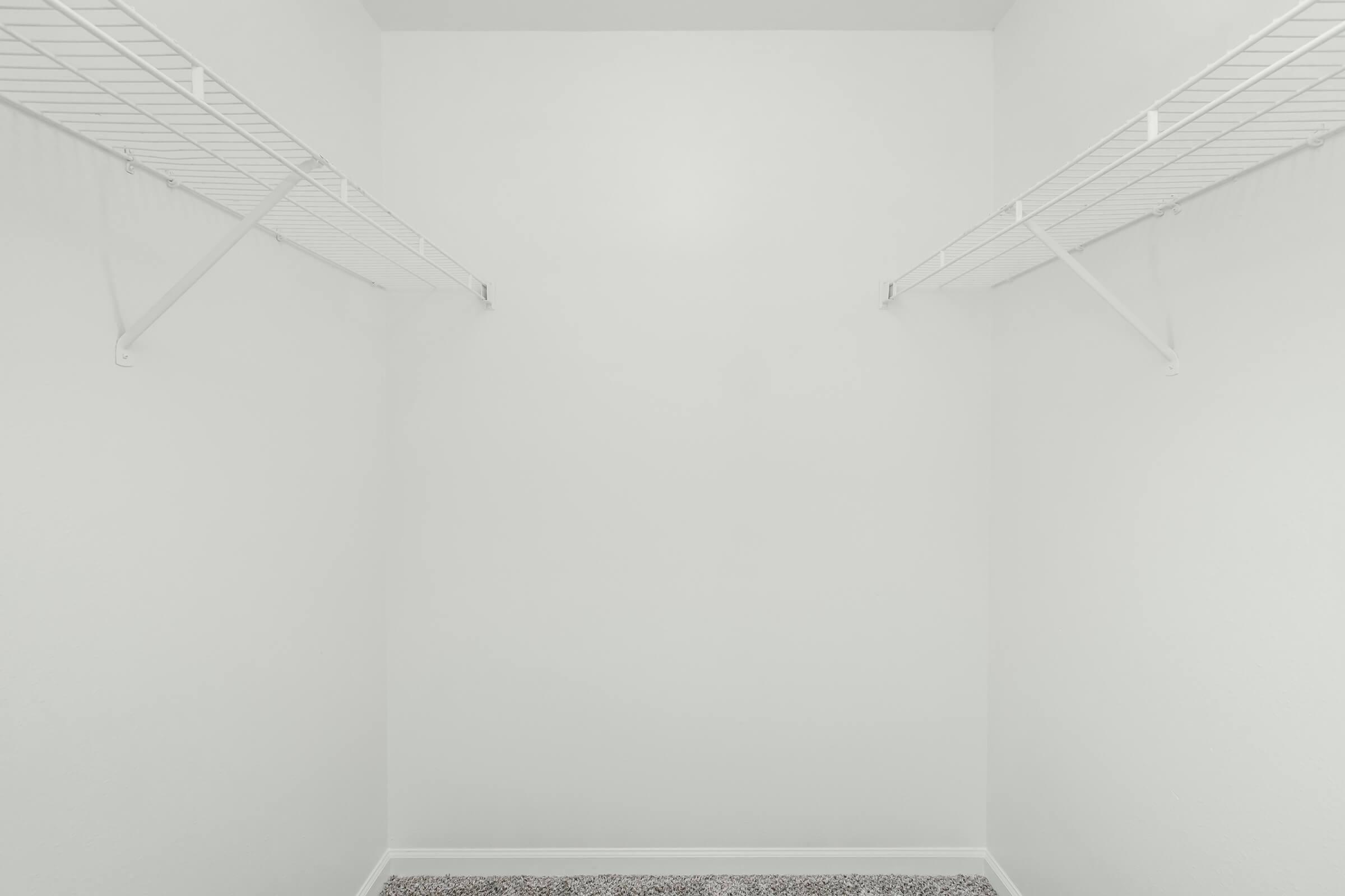Empty closet featuring white walls and two wire shelves on the left and right. The floor has a textured carpet, and the overall space appears bright and minimalistic, providing a clean and uncluttered look.