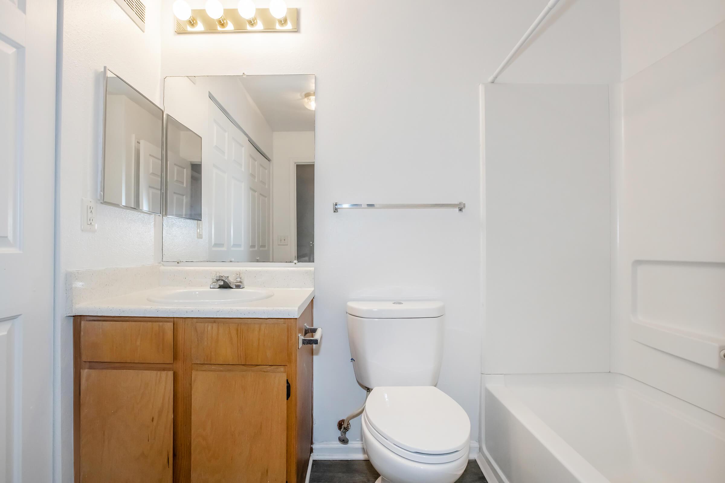 A clean, well-lit bathroom featuring a white bathtub, a toilet, a wooden vanity with a sink, and a large mirror above the sink. The walls are painted white, and there's a light fixture above the mirror. The floor has dark tiles, contributing to a modern aesthetic.