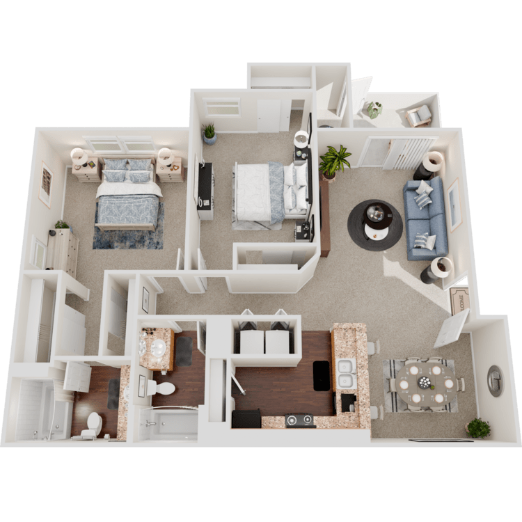 Tulipan two-bedroom, two-bathroom floor-plan diagram at Colonia Del Sol Apartments.