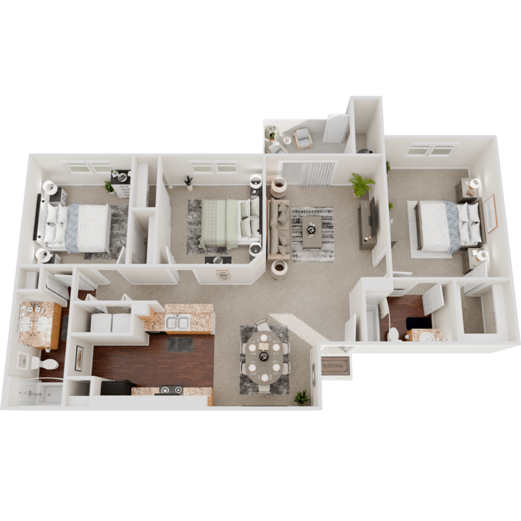 Violetta three-bedroom, two-bathroom floor-plan diagram at Colonia Del Sol Apartments.