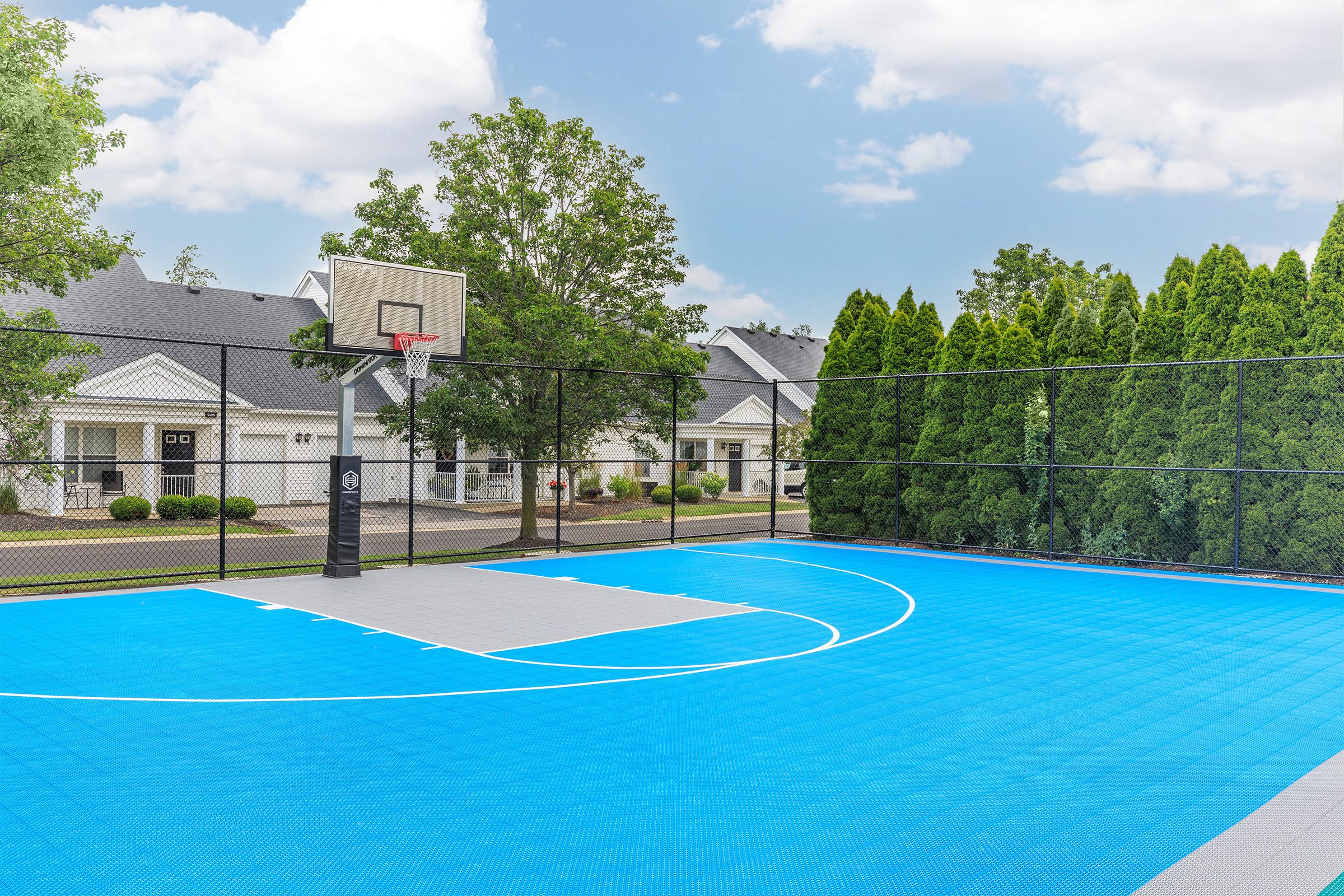 A bright outdoor basketball court with a blue playing surface and a hoop. Surrounding the court are trees and residential buildings in the background, under a clear sky. The area is well-maintained, featuring a chain-link fence along the perimeter.