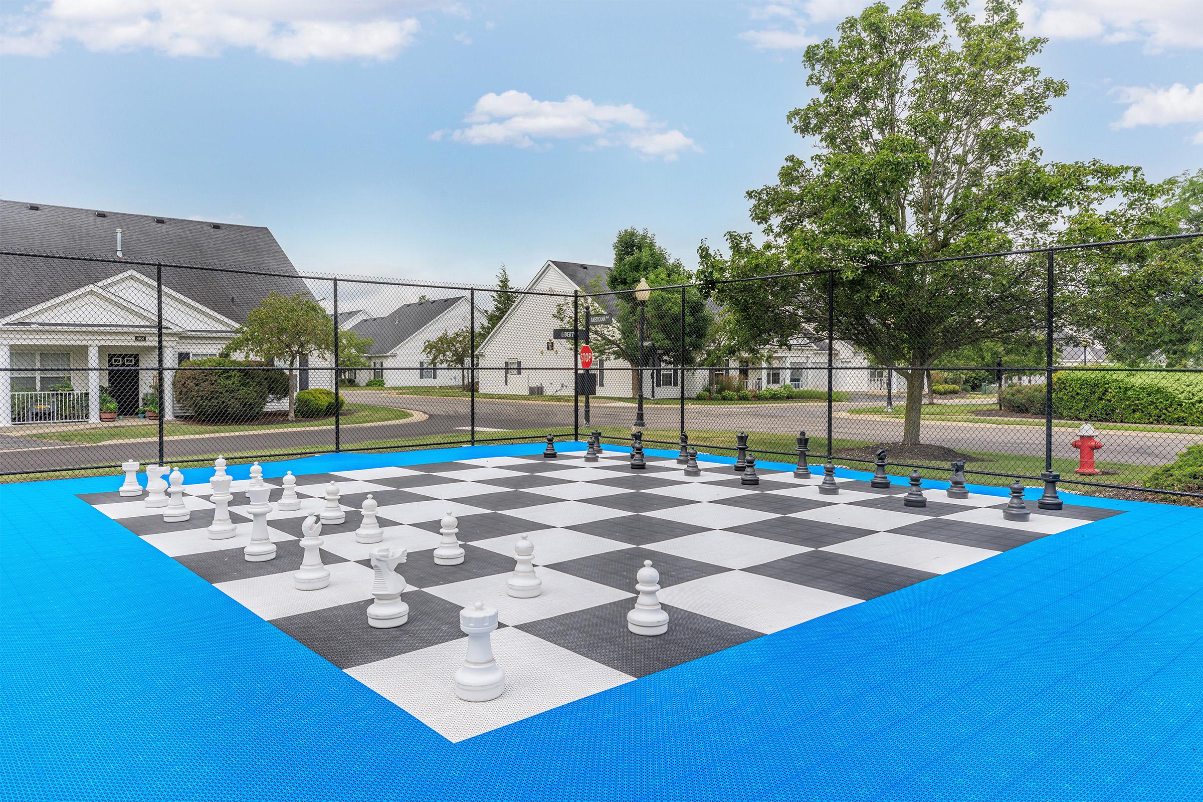 A large outdoor chessboard with black and white squares, featuring oversized black and white chess pieces. The chessboard is surrounded by a fence, with residential buildings and green trees in the background. A blue surface covers the ground, enhancing the visual appeal of the chess area.