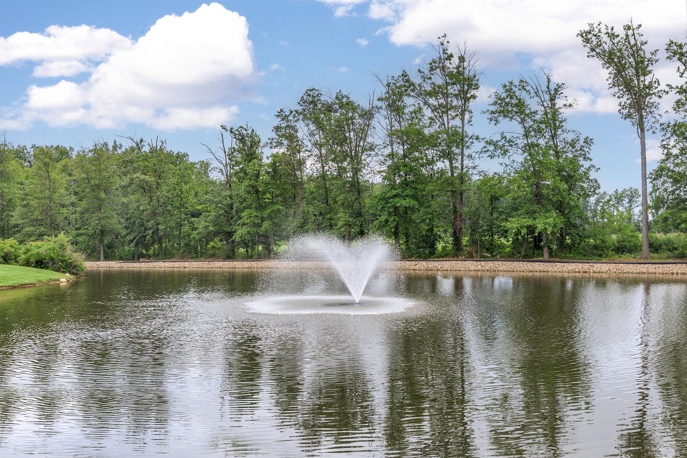 A serene pond featuring a water fountain that creates a spray of water, surrounded by lush green trees and a clear blue sky with fluffy white clouds. The reflection of the fountain and trees can be seen on the calm surface of the water, providing a tranquil and picturesque setting.