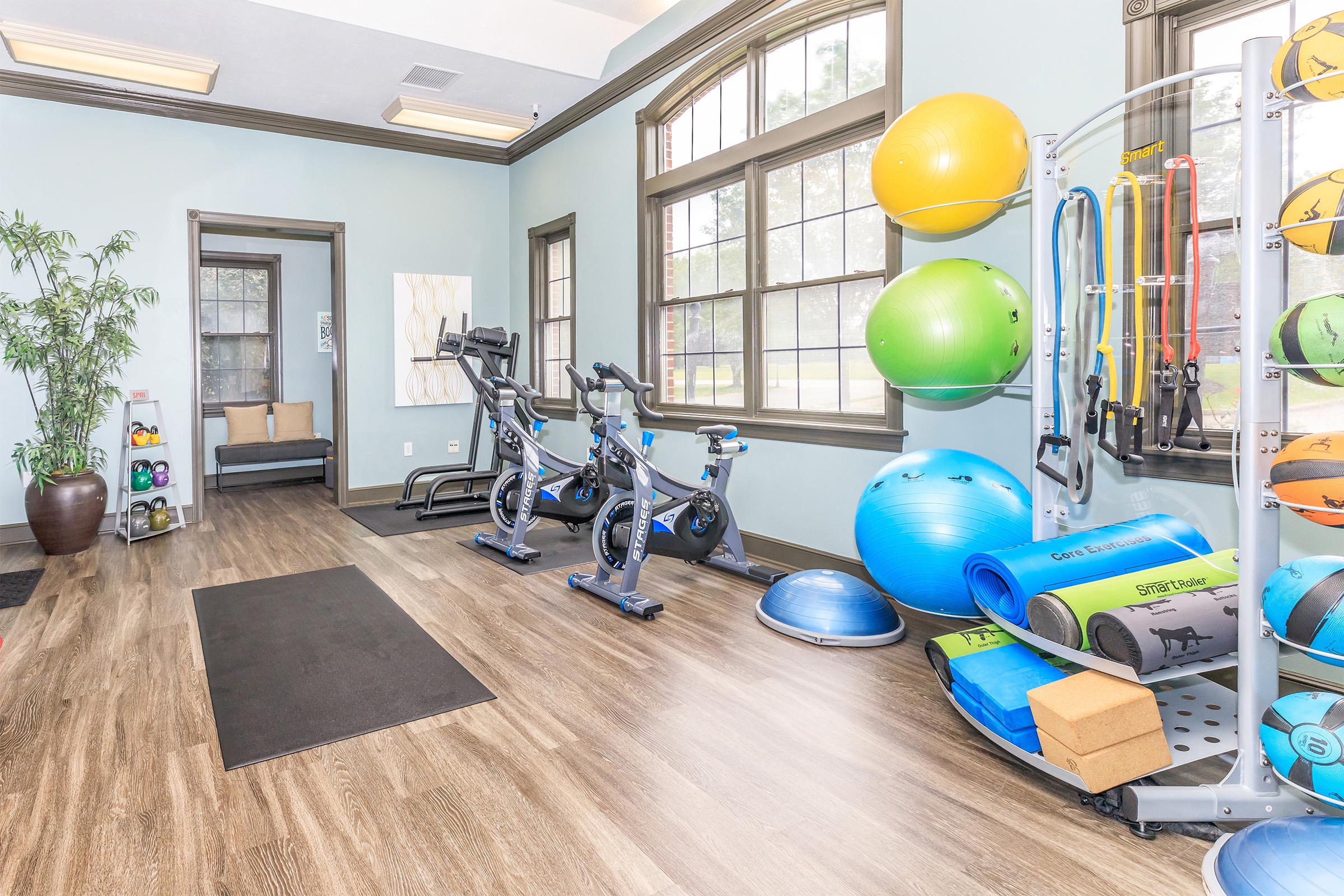 A fitness room featuring exercise bikes, various fitness balls, resistance bands, yoga mats, and weights. The space has large windows allowing natural light, wooden flooring, and a plant in a pot, contributing to a bright and inviting atmosphere for workouts.