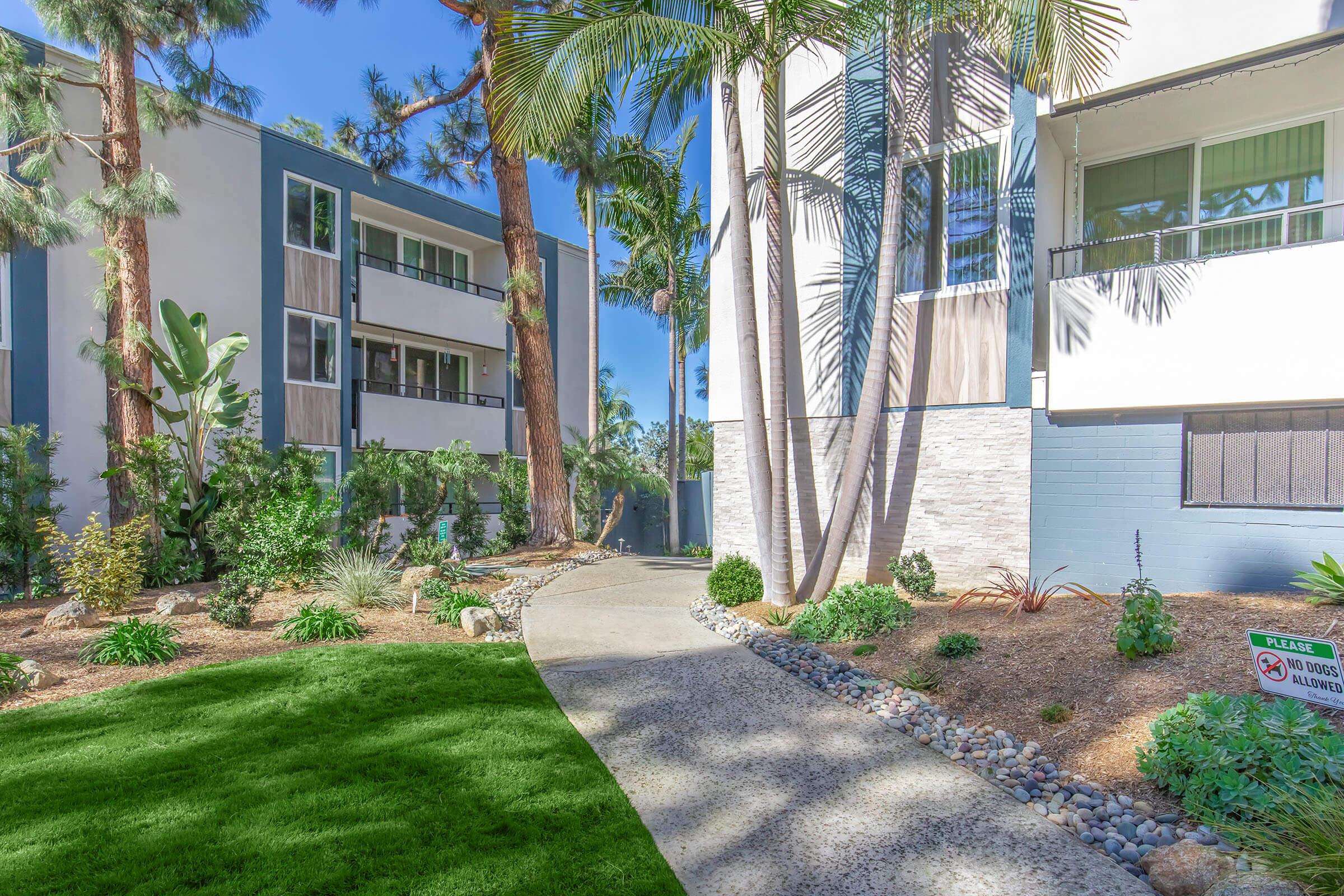 A landscaped pathway through lush greenery, flanked by palm trees and shrubs, leads towards modern multi-story buildings. Sunlight filters through the foliage, creating a bright and inviting atmosphere. A sign indicating "Please park in designated spaces" is visible in the foreground.