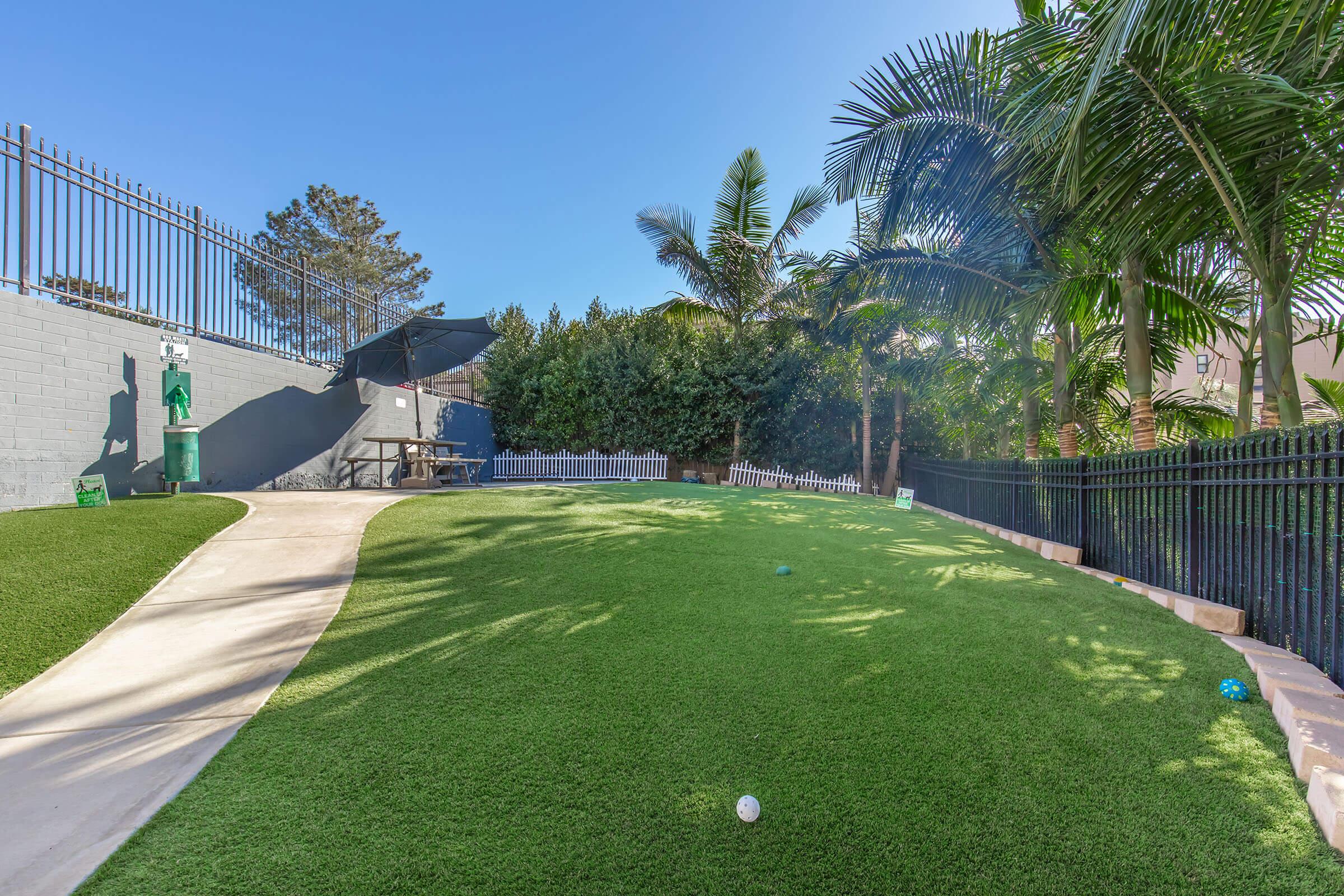 A landscaped outdoor area featuring a large, grassy hill, bordered by palm trees and shrubs. There is a paved path winding through the space, with a picnic table and a nearby green fence. The sky is clear and sunny, creating a pleasant ambiance.