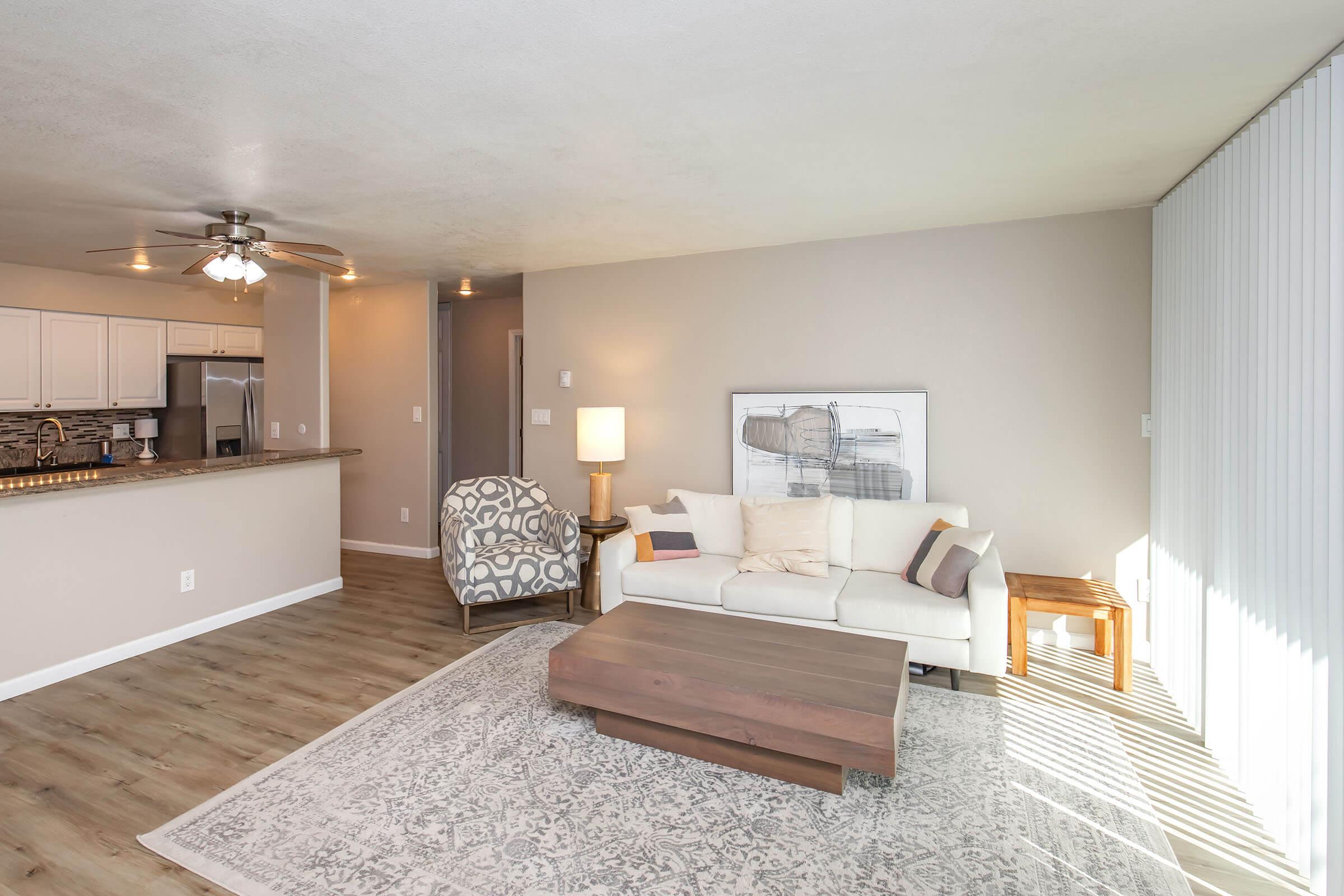 A modern living room featuring a light-colored sofa with pillows, a wooden coffee table, and a patterned chair. A soft area rug lies on the floor, and there is a ceiling fan above. The walls are painted a neutral color, and natural light streams through vertical blinds, illuminating the space.