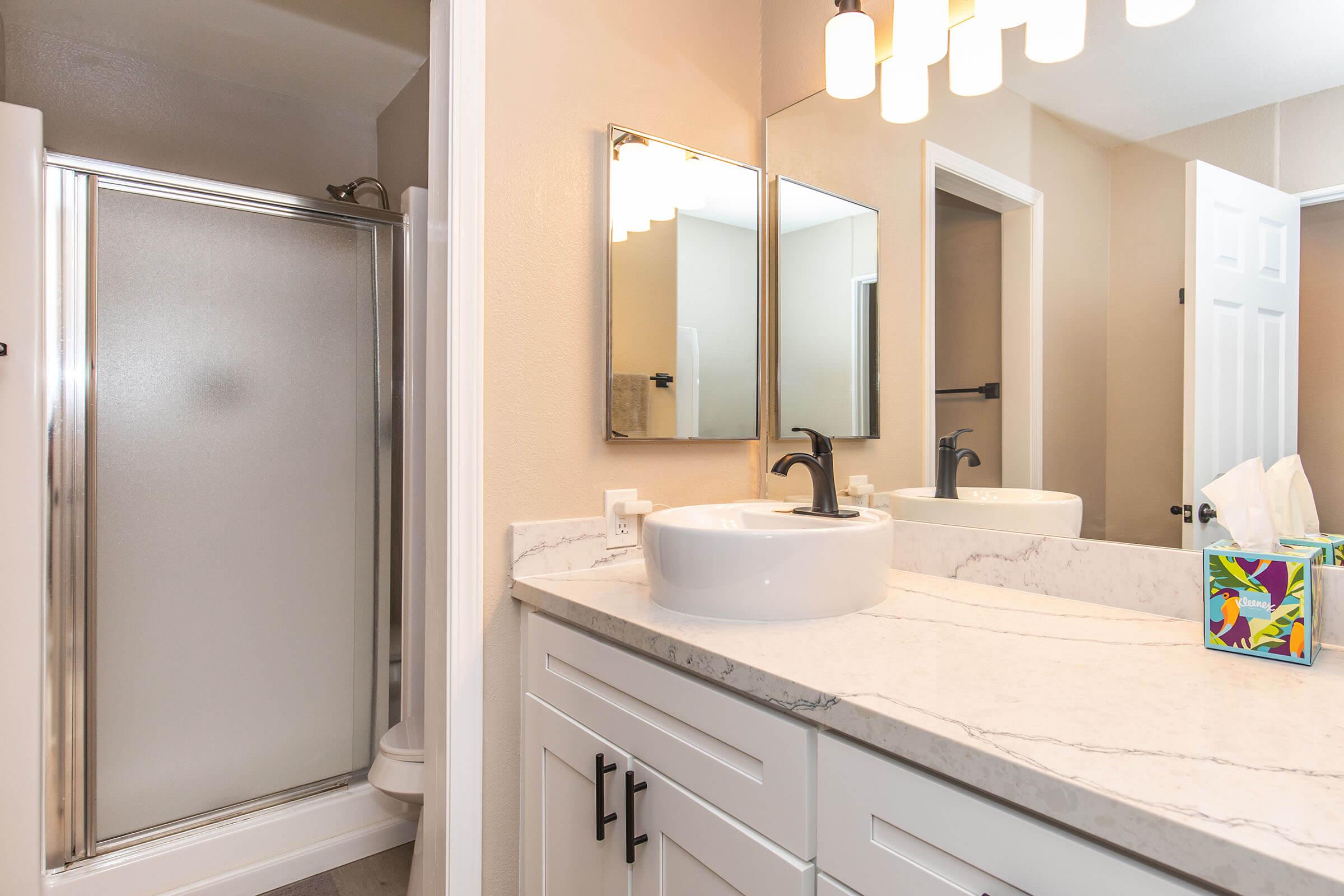 Modern bathroom featuring a sleek vanity with a round sink, a large mirror above, and contemporary lighting. A glass shower enclosure is visible in the background, with neutral-colored walls and a decorative tissue box on the counter. Clean and stylish design elements throughout.