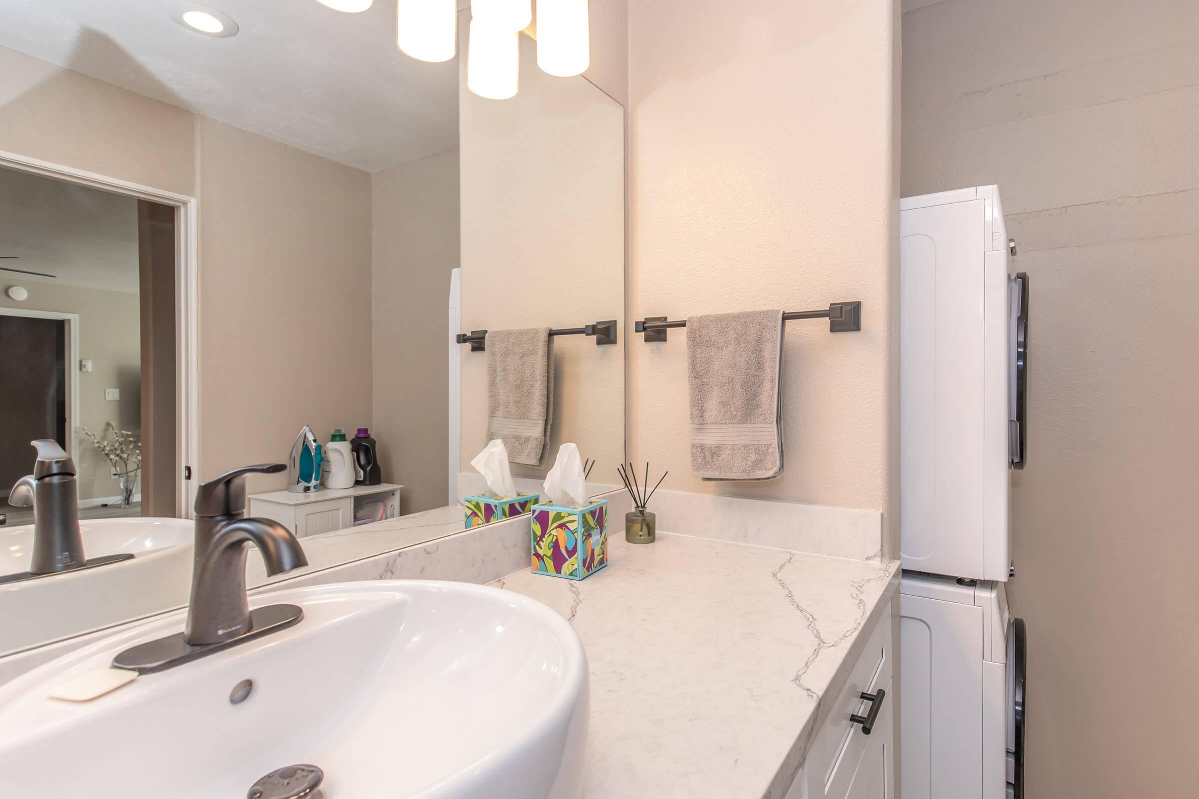 A modern bathroom with a white countertop featuring a sink, hand towels on wall-mounted holders, a tissue box, and a small decorative plant. In the background, a washer and dryer are partially visible, along with a light fixture above the mirror reflecting the room's soft colors.