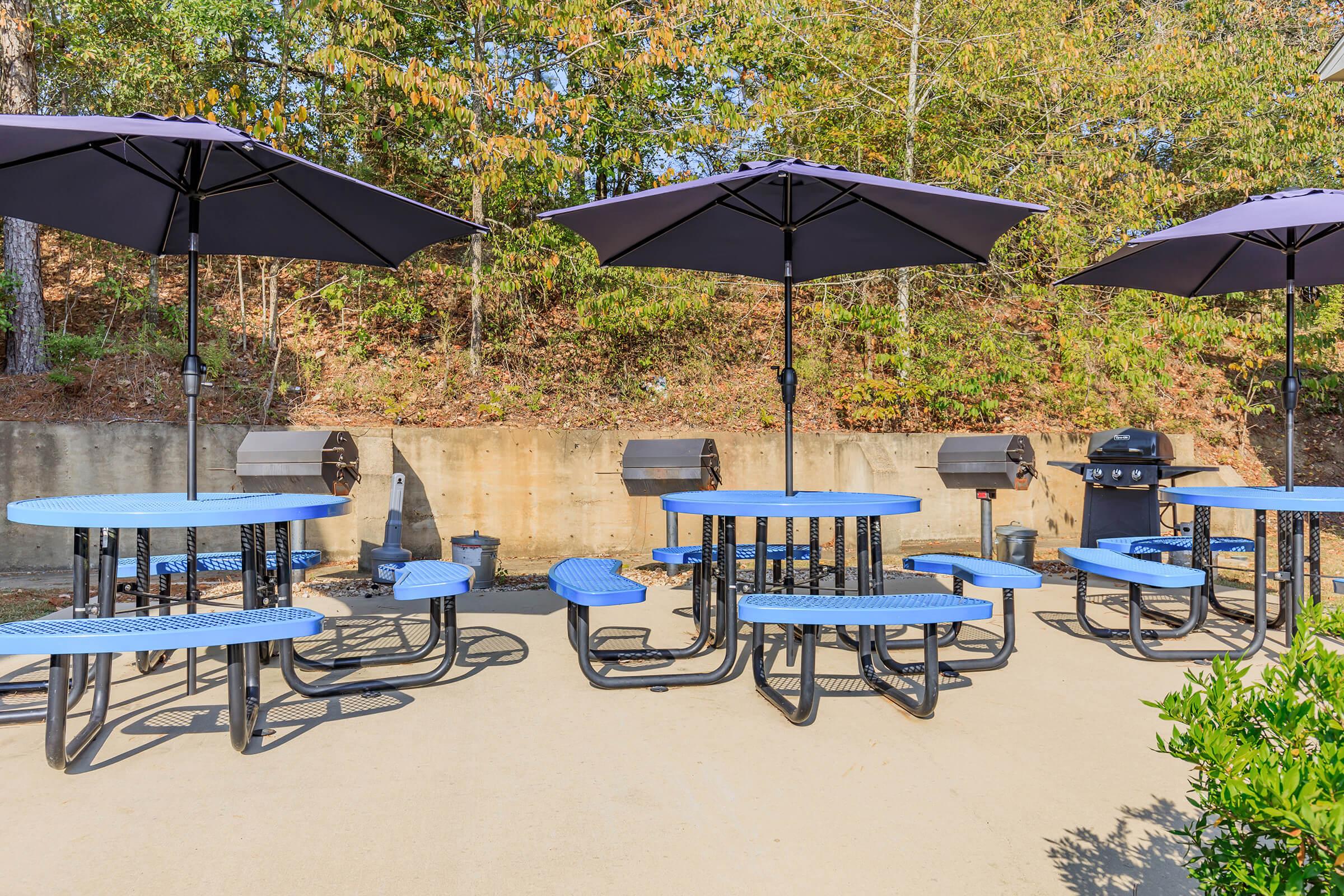 A barbecue area featuring multiple blue picnic tables with umbrellas, surrounded by a wooded backdrop. Several charcoal grills are arranged against a concrete wall, providing a space for outdoor cooking and dining. The scene is well-lit, suggesting a pleasant outdoor setting.