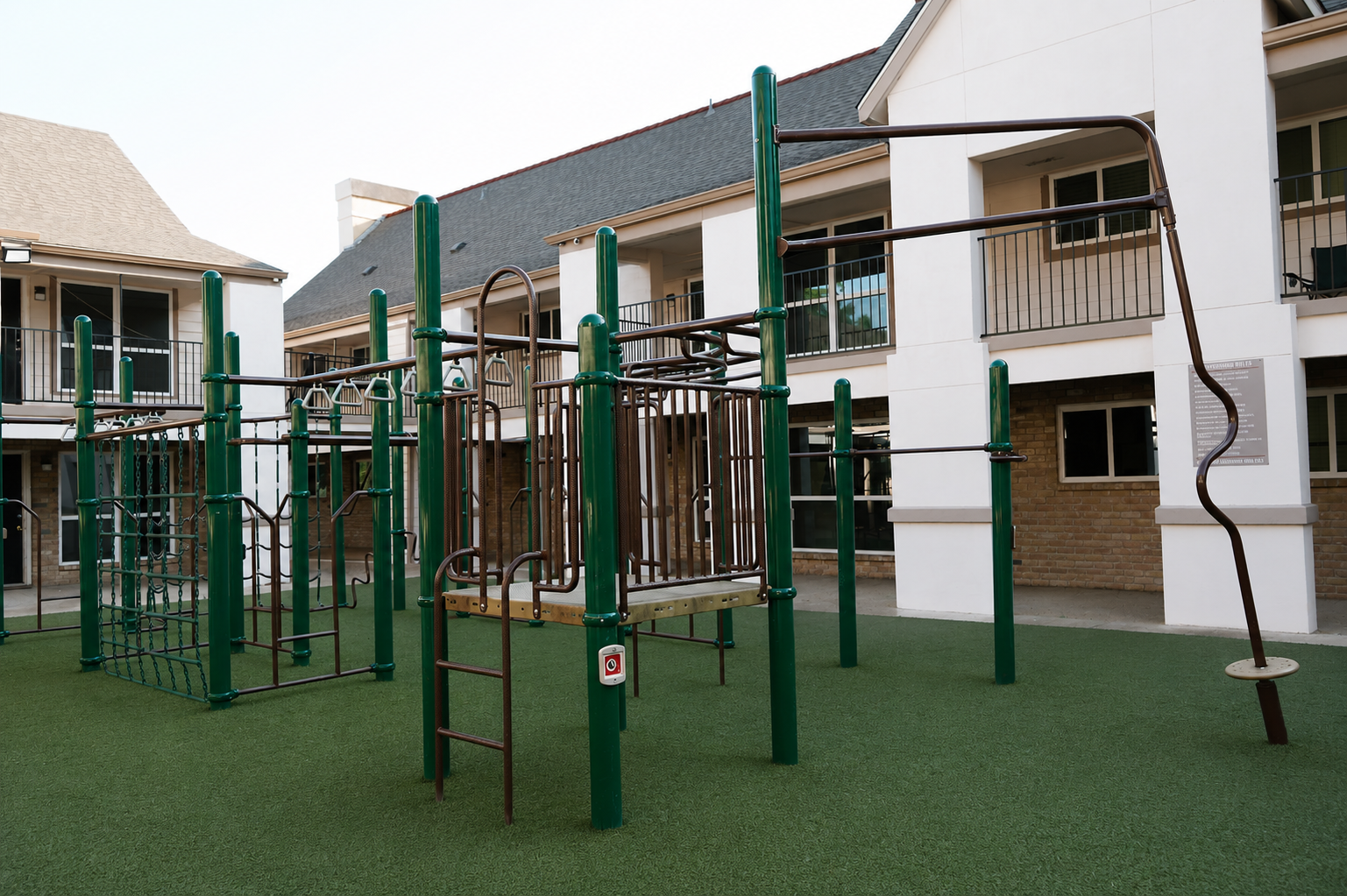 A playground featuring various climbing structures, including a jungle gym and slides, surrounded by residential buildings. The ground is covered with artificial turf, providing a soft landing surface. The setting is sunny and designed for children's play.