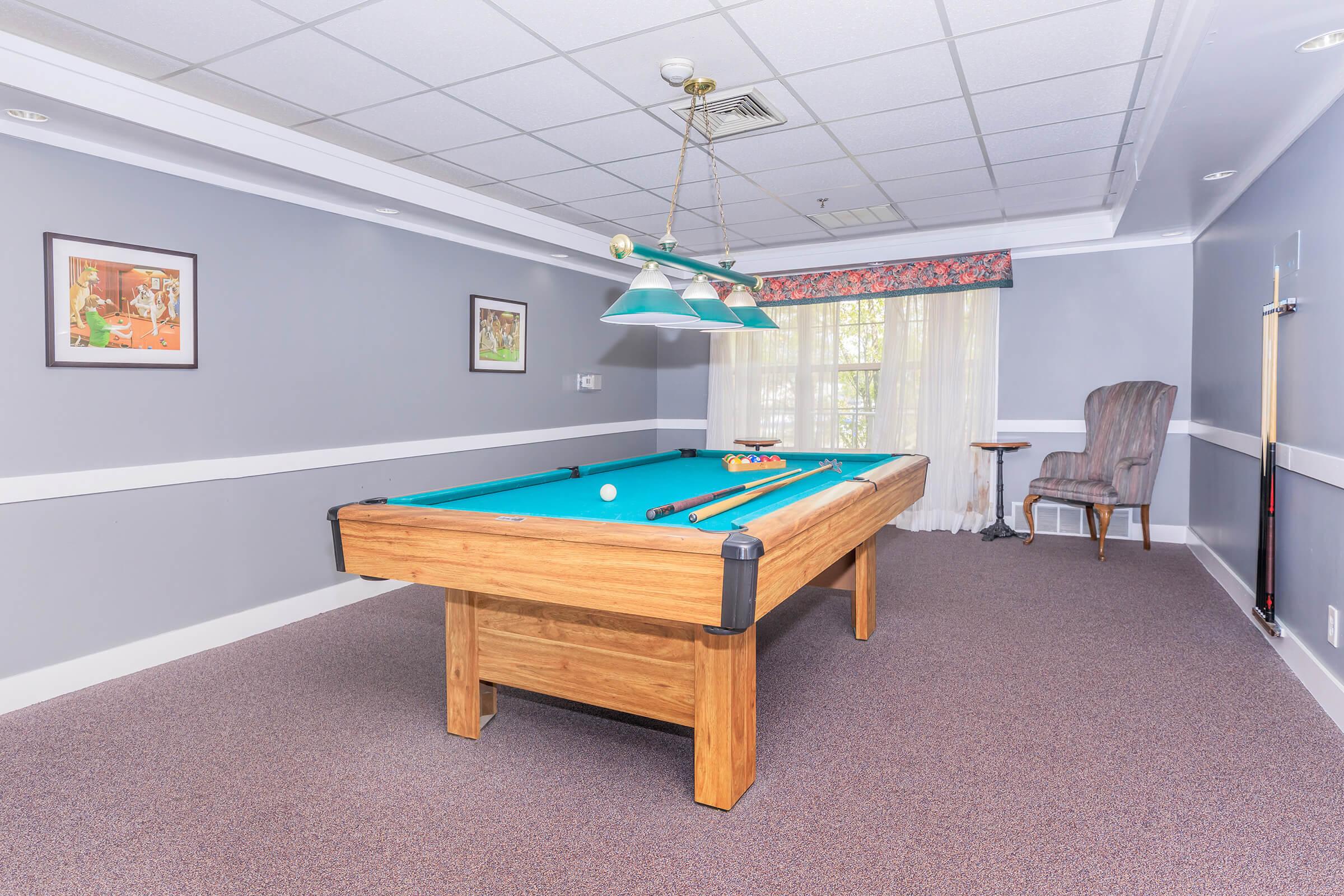 A spacious game room featuring a well-lit pool table with a set of balls on it. The walls are painted in a muted gray, adorned with framed artworks. A comfortable armchair is positioned to one side, and a large window allows natural light to brighten the space. The carpet is a soft, neutral color.