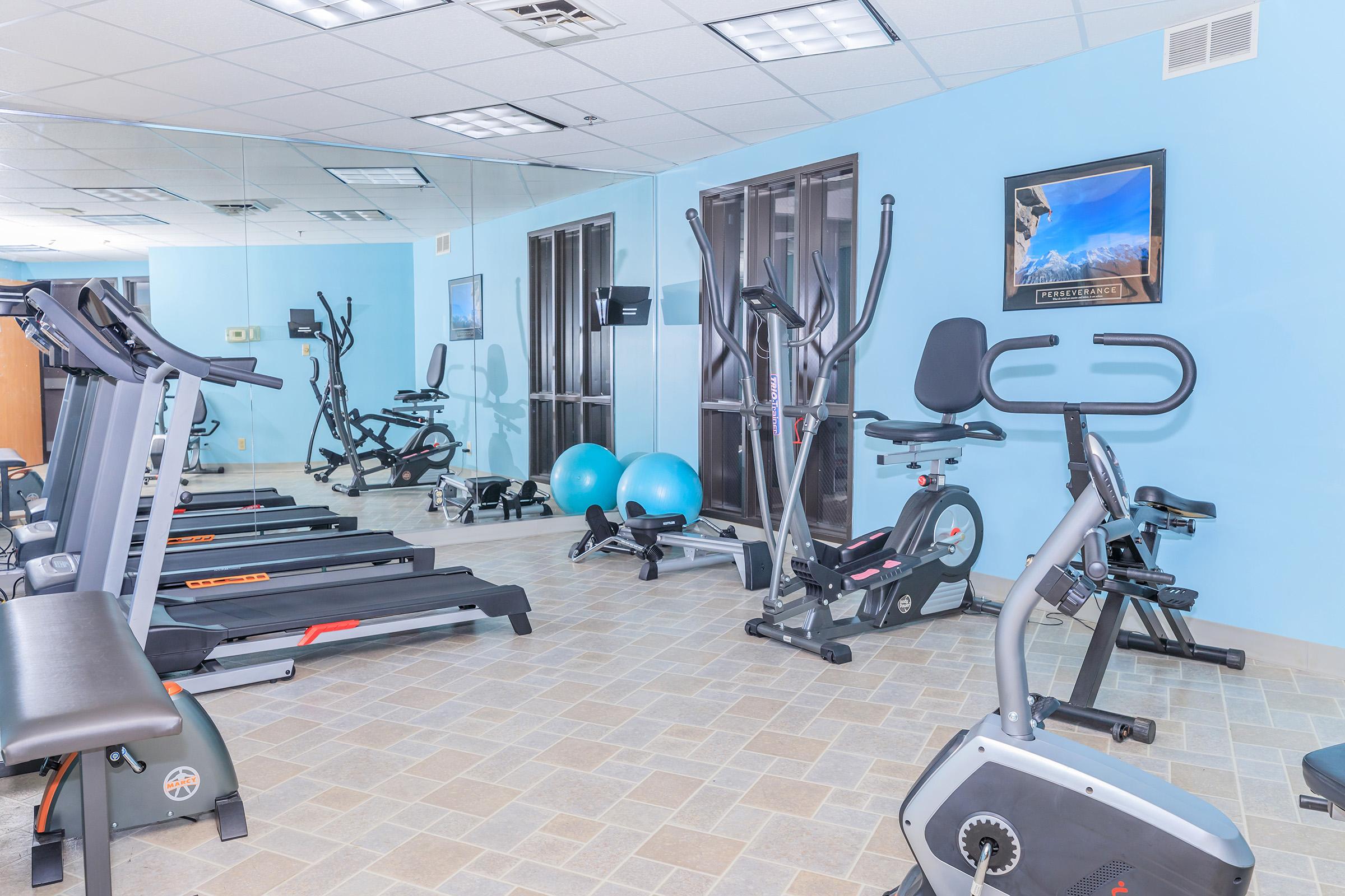 A modern gym interior featuring various exercise equipment, including treadmills, an elliptical machine, a stationary bike, and fitness balls. The walls are painted light blue, and there are mirrors reflecting the gym setup. Bright lighting enhances the spacious and inviting atmosphere.