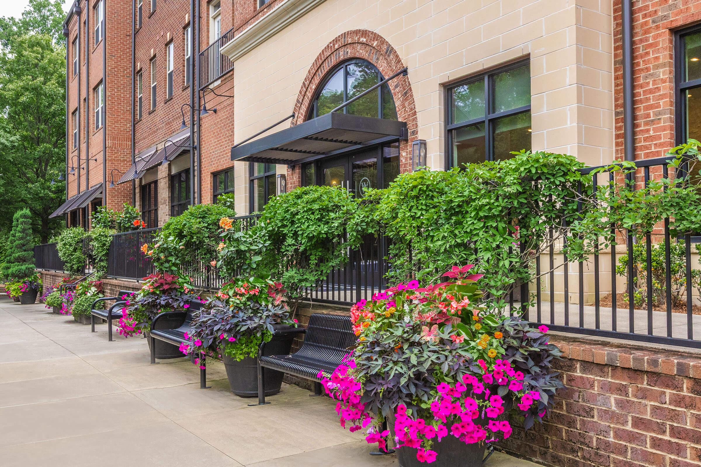 A brick building with large windows and a welcoming entrance is adorned with vibrant flower planters. Colorful flowers in shades of pink, orange, and purple line the walkway, surrounded by lush greenery and decorative benches, creating a cheerful and inviting atmosphere.