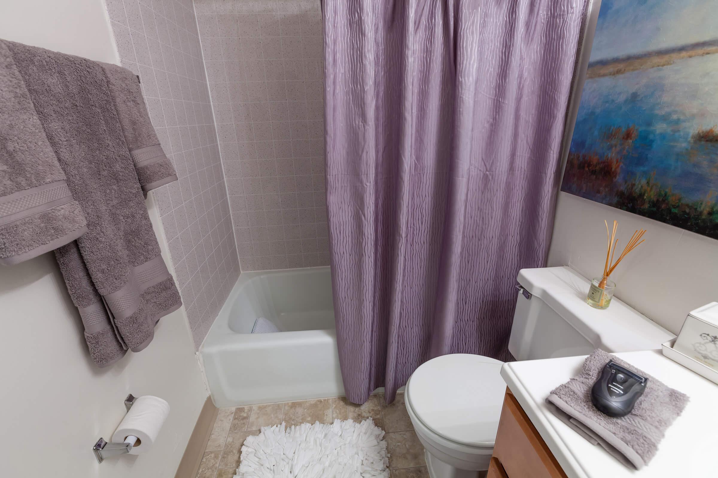 A small bathroom featuring a bathtub with a shower curtain in lavender, plush gray towels hanging on the wall, a white toilet, and a vanity with an organized countertop. A soft white rug is on the floor, and a decorative painting hangs above the toilet.