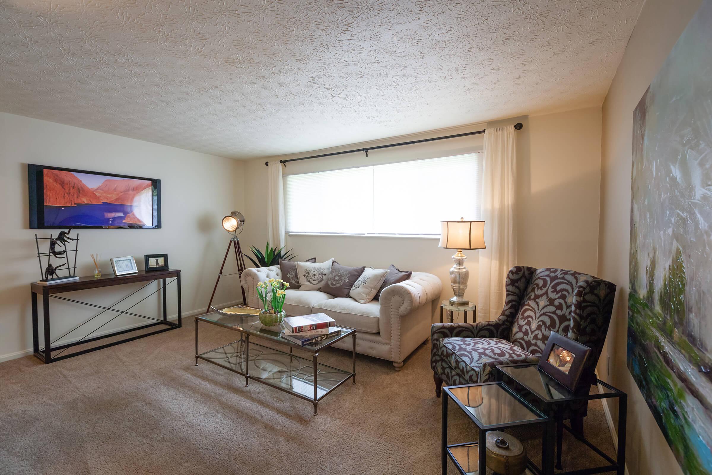 A cozy living room featuring a light-colored sofa, an elegant patterned armchair, and a glass coffee table. A decorative lamp casts warm light, and there are green plants near the window. The walls are adorned with artwork and a framed television is mounted above a stylish console table. Soft carpeted flooring complements the inviting atmosphere.