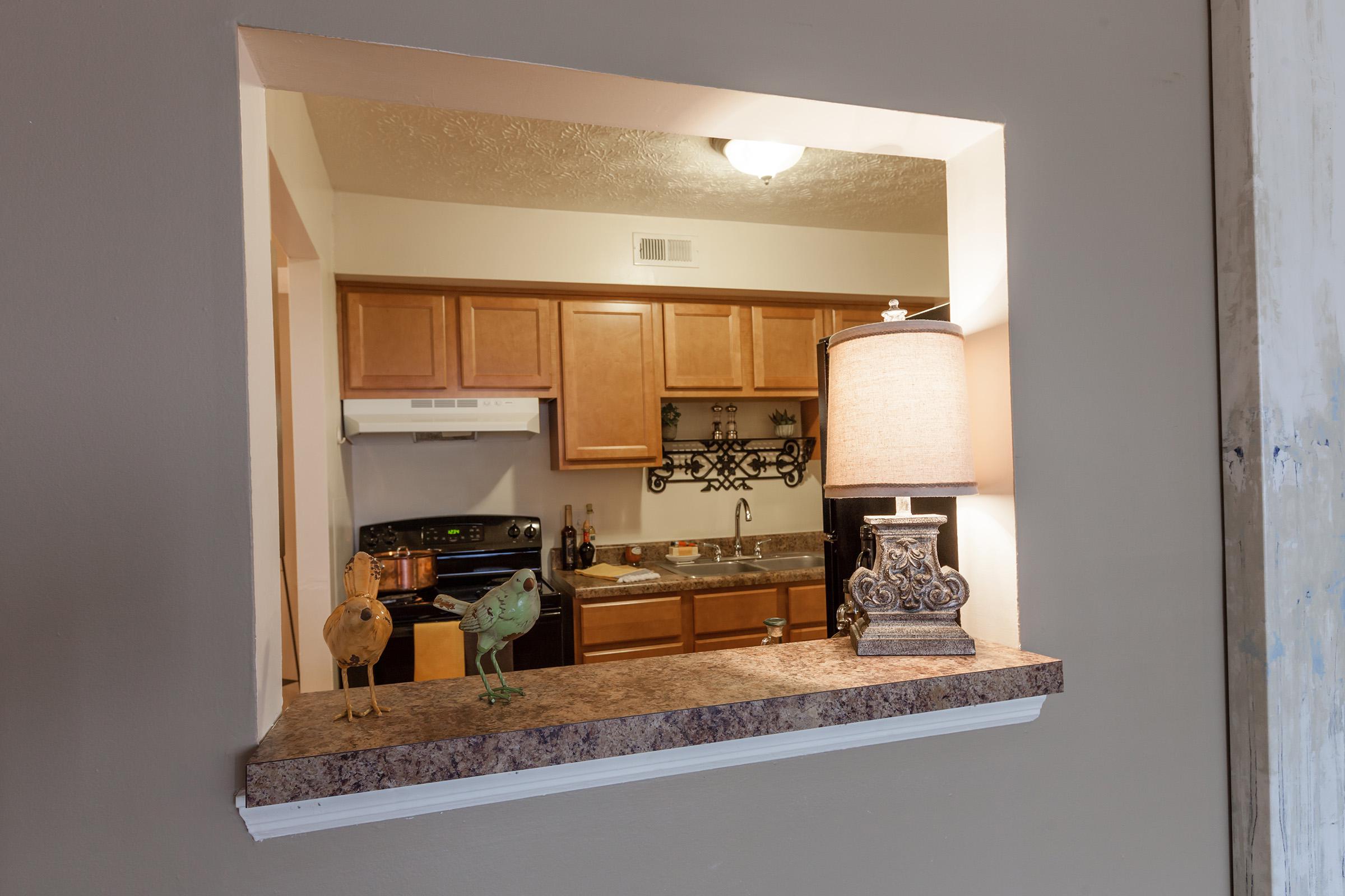 View through a small opening in a wall, revealing a kitchen with wooden cabinetry and appliances. On the countertop, two decorative bird figurines and a stylish lamp with a beige shade add charm to the space. The kitchen features a sink and a variety of kitchen utensils.