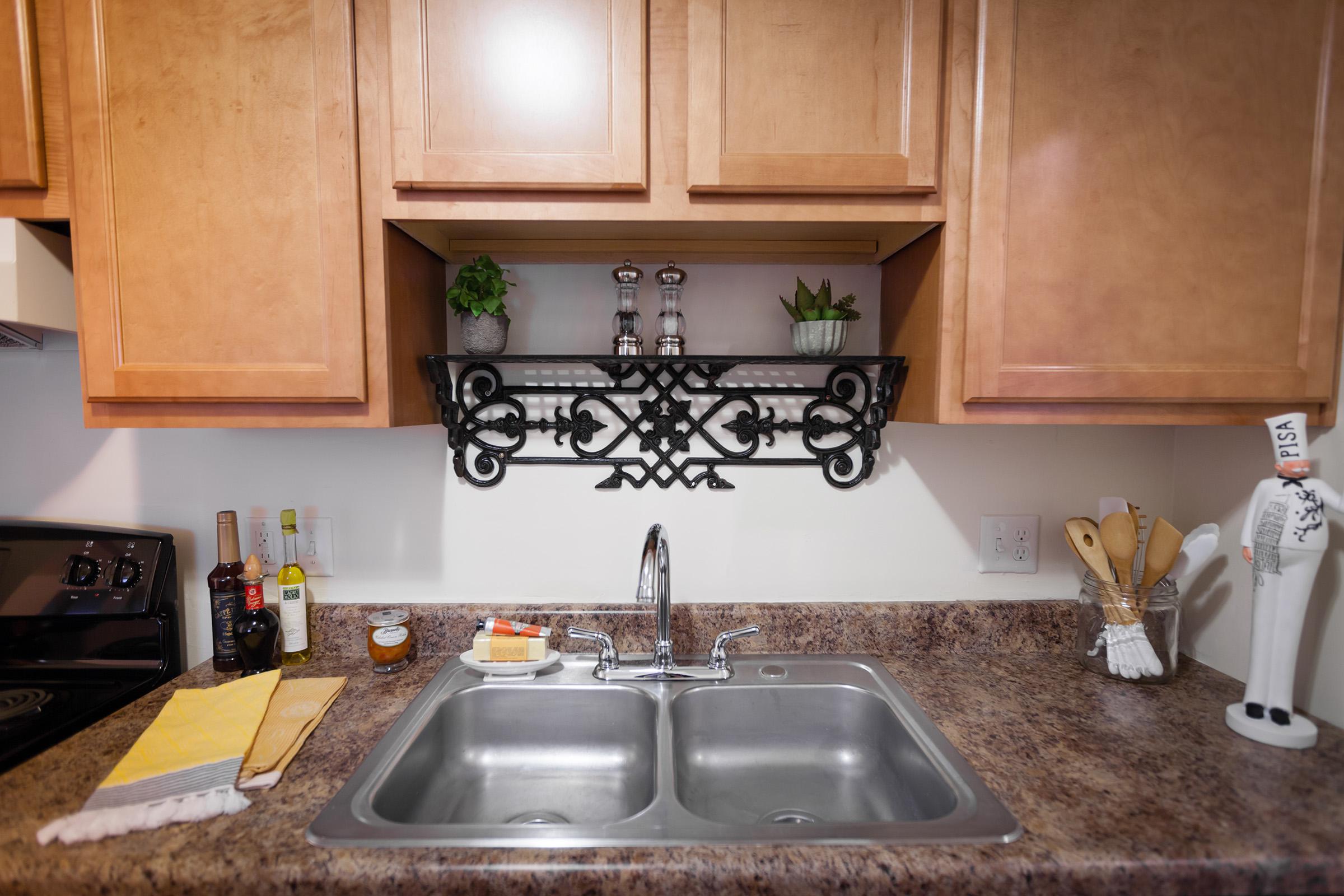 A cozy kitchen scene featuring a double sink with a polished chrome faucet. Above the sink, there is a decorative black shelf holding salt and pepper shakers and small potted plants. Wooden cabinets in a light finish frame the scene, with a countertop displaying utensils, a dish towel, and various kitchen supplies.