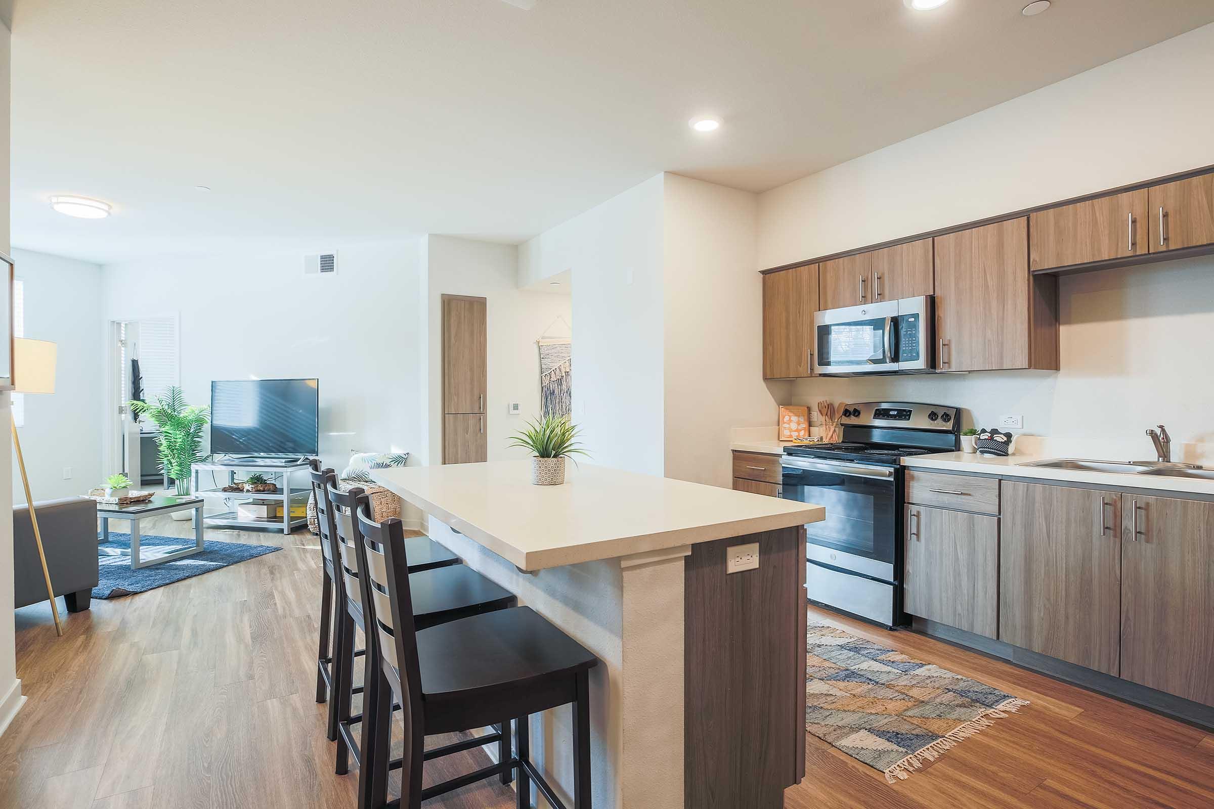 Modern open-concept kitchen and living area featuring a kitchen island with bar stools, stainless steel appliances, and wooden cabinetry. A cozy living space includes a television on a stand, a small coffee table, and plants, with ample natural light streaming in through windows.
