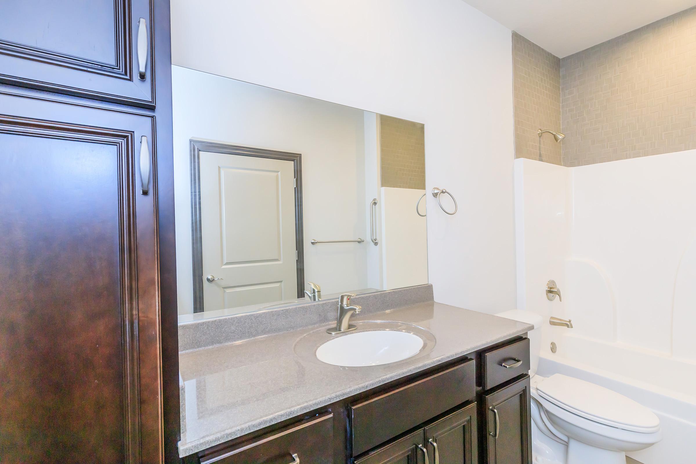 Modern bathroom featuring a large mirror above a stylish vanity with a sink, dark wood cabinetry, and a light-colored countertop. Adjacent to the vanity is a tub/shower combination with a neutral tile backsplash. The decor is clean and contemporary, emphasizing functionality and simple elegance.