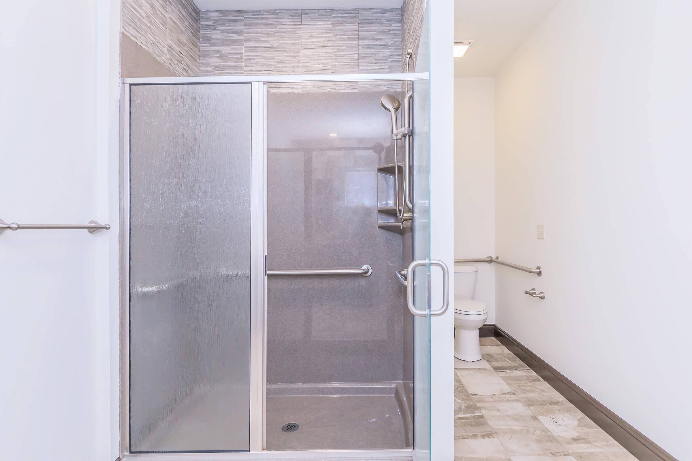 A modern bathroom featuring a walk-in shower with glass doors, textured gray wall tiles, and a toilet in the background. The space is well-lit with a clean, minimalistic design; safety grab bars are installed in the shower area.
