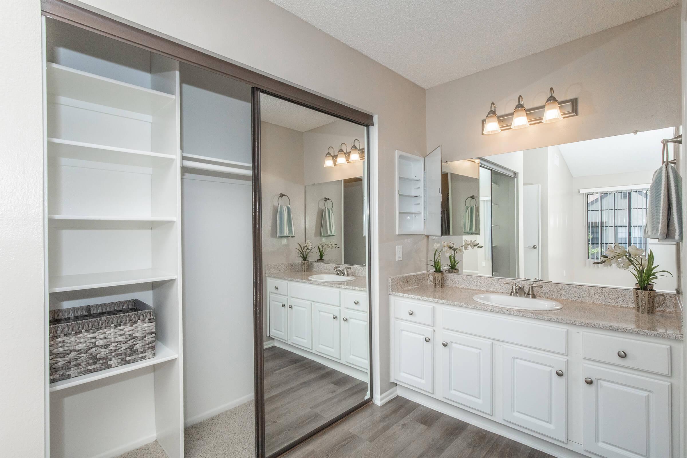 A modern bathroom featuring a double sink vanity with a mirror above, stylish light fixtures, and a walk-in shower. There's a closet with shelves on the left and decorative plants on the countertop. The flooring has a wood-like finish, creating a bright and spacious atmosphere.