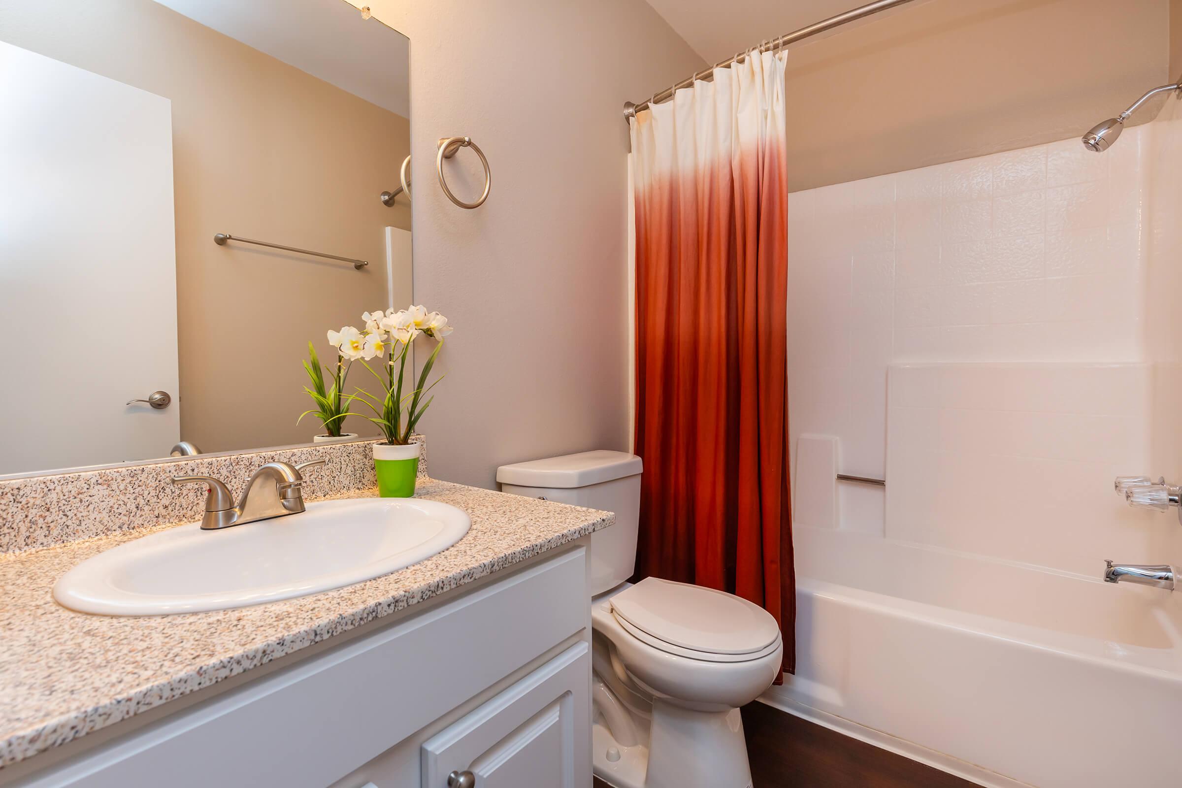 Bathroom with red and white shower curtain