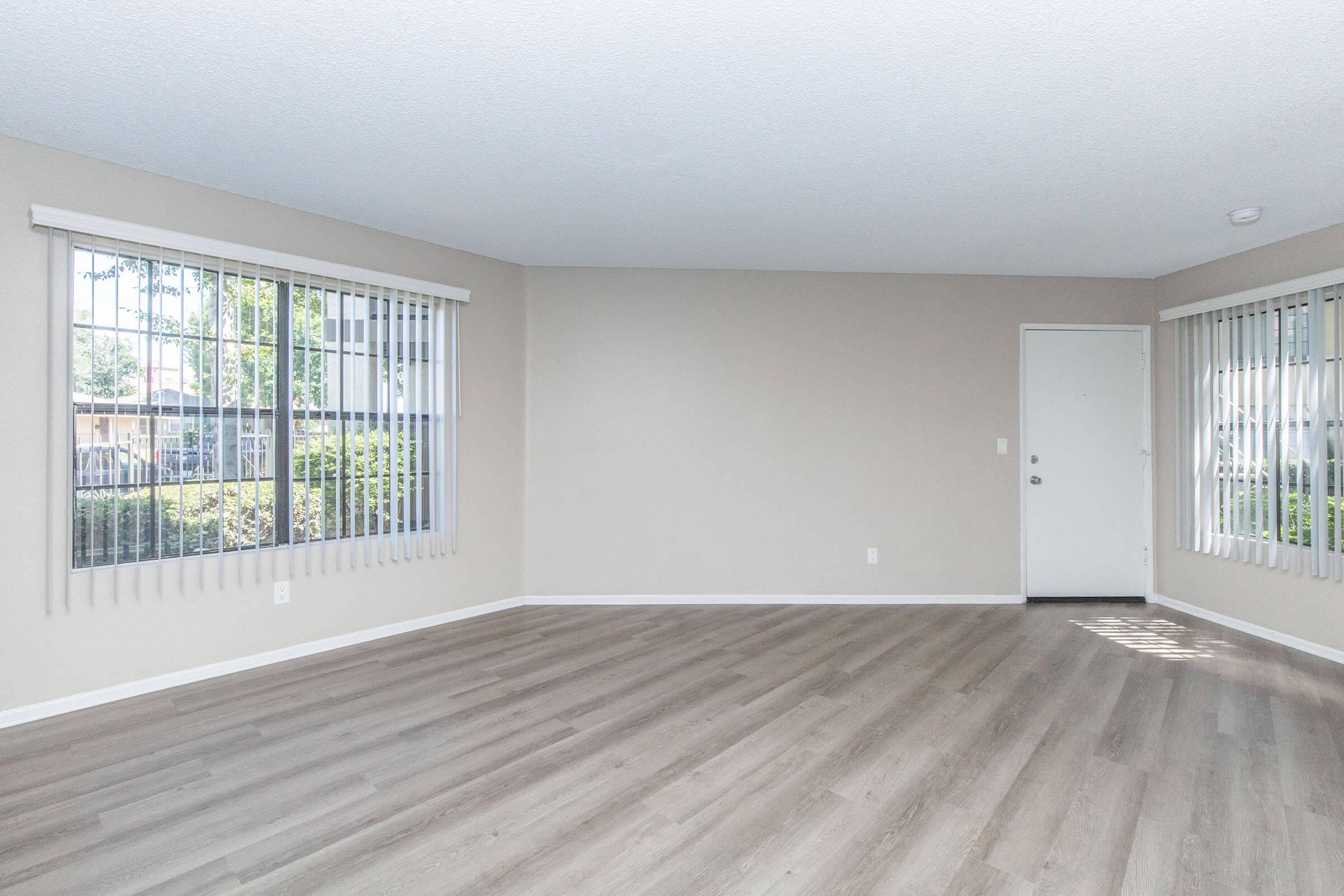 Empty room featuring light-colored walls and large windows with vertical blinds. The floor is a light wood or laminate, and there’s a closed door on one wall. Natural light is streaming in through the windows, creating a bright, airy atmosphere.
