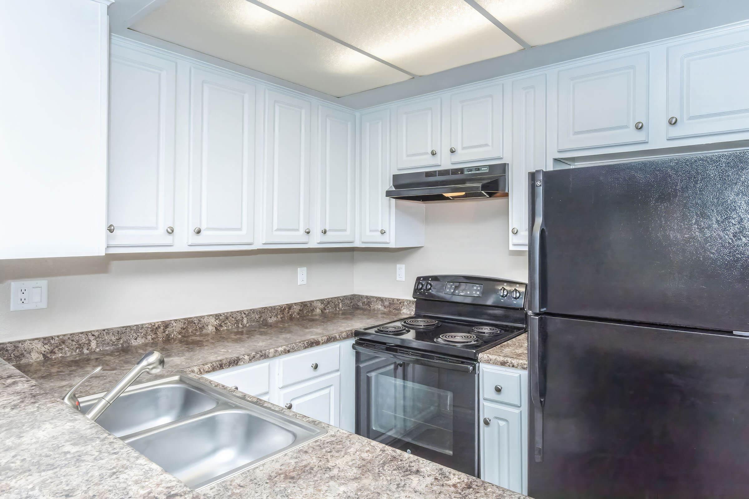 Modern kitchen with white cabinets, a black refrigerator, and a black stove. The countertop is made of a dark, patterned material with a stainless steel sink. Bright lighting above the cabinets enhances the spacious feel of the area.