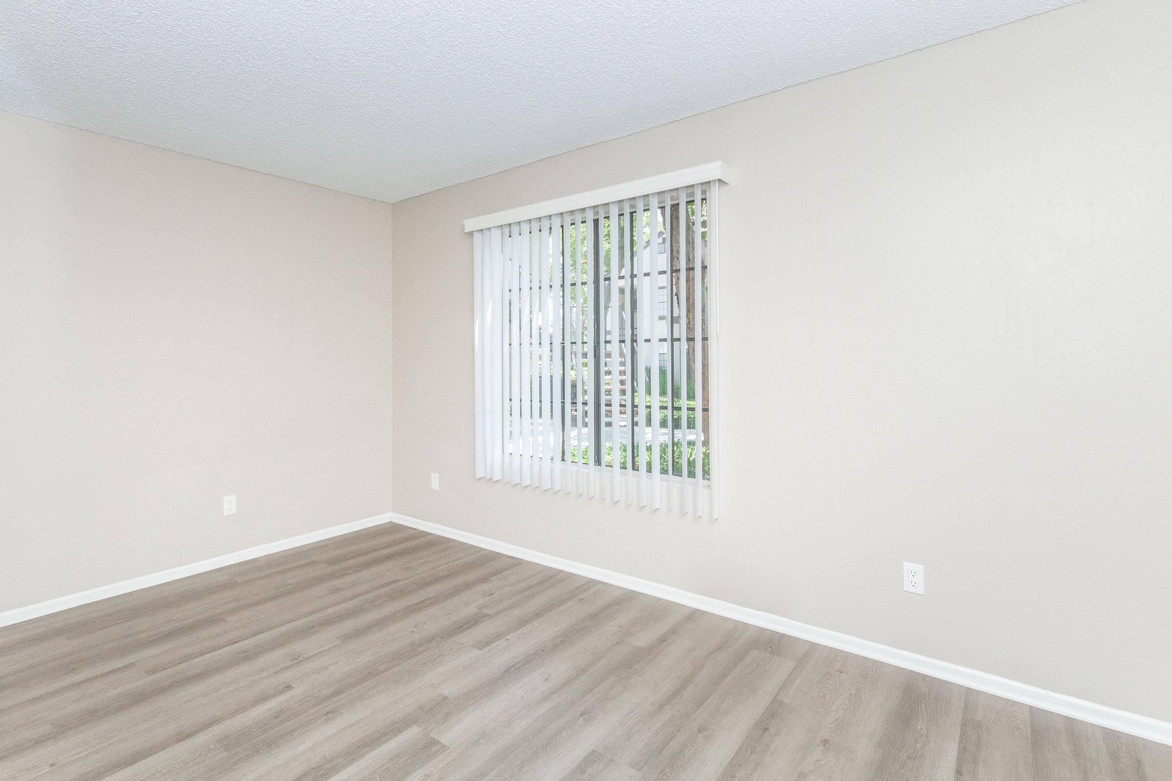 A vacant room with light-colored walls and wooden plank flooring. Natural light enters through a large window covered with vertical blinds. The room has an uncluttered appearance, emphasizing its spaciousness and neutrality.