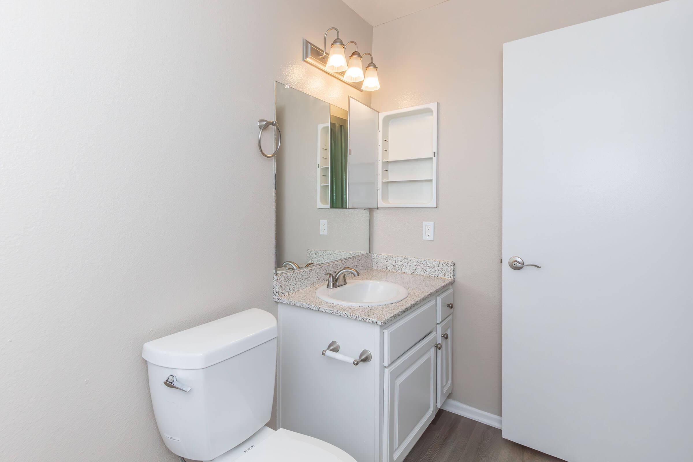 A clean and modern bathroom featuring a white toilet, a granite countertop sink with a mirror, and a light fixture above. The walls are painted in a light color, and there's a cabinet for storage. A white door leads to another space. The flooring is a wood-like material.