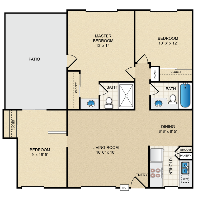 Floor plan image of 3 Bedroom 2 Bath