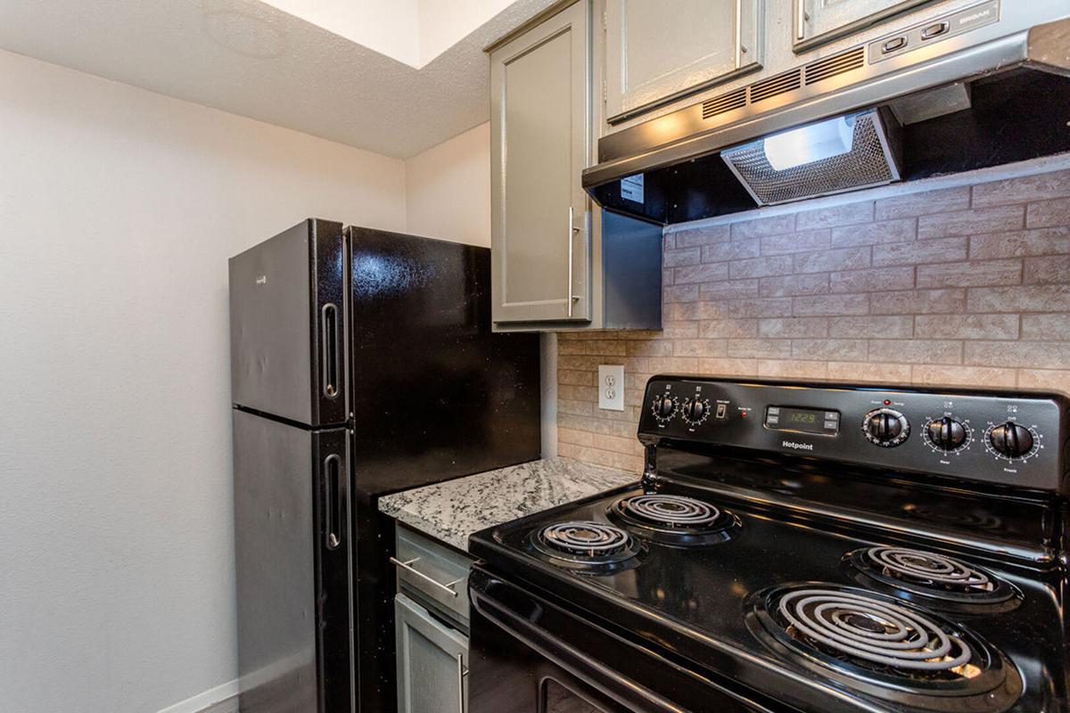 A compact kitchen featuring a black refrigerator, a black electric stove with four burners, and light gray cabinets. The countertop has a granite finish, and there is a backsplash with a textured design. The setting is bright and modern, with neutral-colored walls.