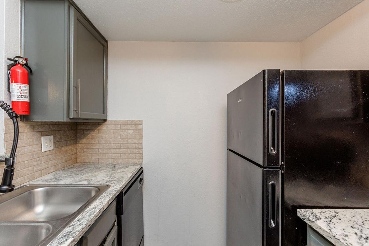 A small kitchen area featuring a black refrigerator, a silver dishwasher, and a double stainless steel sink. The cabinetry is dark gray, and the backsplash consists of light-colored tiles. A fire extinguisher is mounted on the wall nearby.