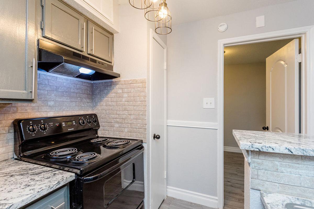 Modern kitchen with a black electric stove, light-colored cabinets, and granite countertops. The backsplash features a neutral tile design. Soft lighting is provided by a pendant fixture, and a doorway leads to another room, enhancing the open layout. Smartly designed with a contemporary feel.