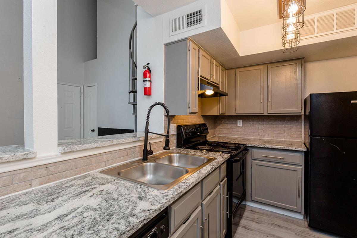 A modern kitchen featuring gray cabinetry, a double sink with a pull-down faucet, and a black refrigerator. The countertops are made of granite, and there is a stove and oven built into the cabinetry. A fire extinguisher is mounted on the wall, and overhead lighting adds warmth to the space.