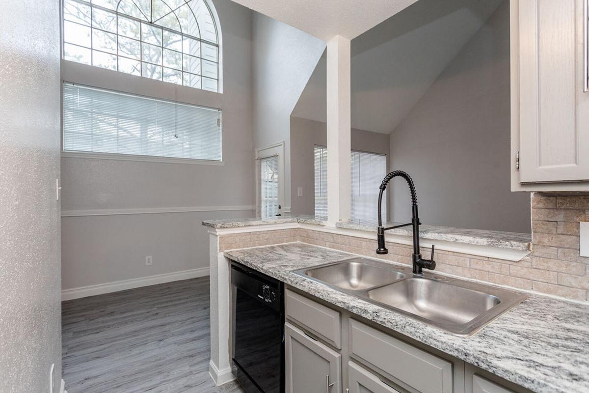 Bright kitchen interior featuring a grey color palette, granite countertops, dual sink, and black dishwasher. A large window allows natural light to flood the space, complementing the airy ambiance. The adjacent living area is visible through an open layout, enhancing the feeling of openness.