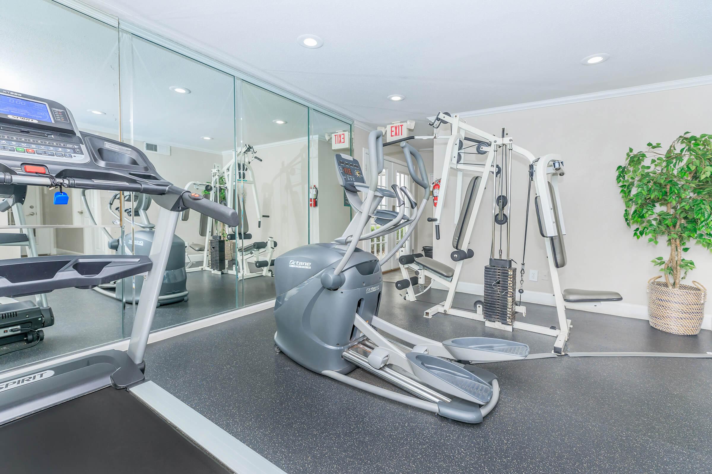 A modern gym interior featuring a treadmill, an elliptical machine, and a multi-station weight machine. The room has mirrored walls, sleek flooring, and a decorative plant in a woven basket, creating an inviting space for fitness activities. Exit signs are visible in the background.