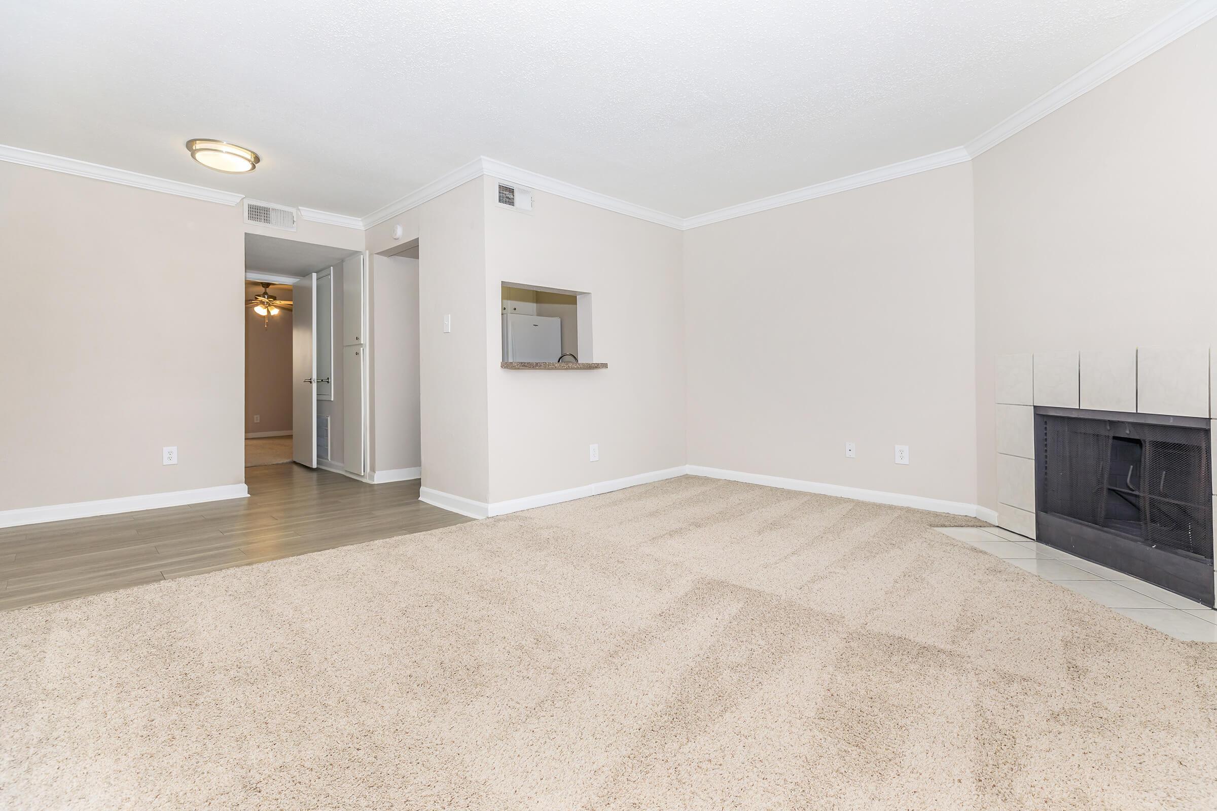 Spacious living area featuring light beige walls and carpet, a small fireplace on the right, and an opening to the kitchen area. There is a door leading to another room in the background, along with ceiling lights that add warmth to the space. The layout is open and inviting.