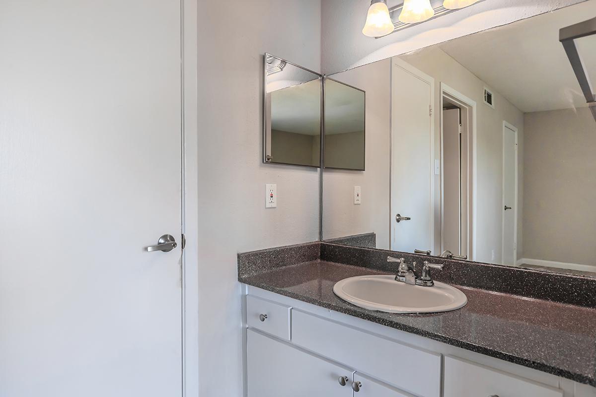 a double sink and large mirror