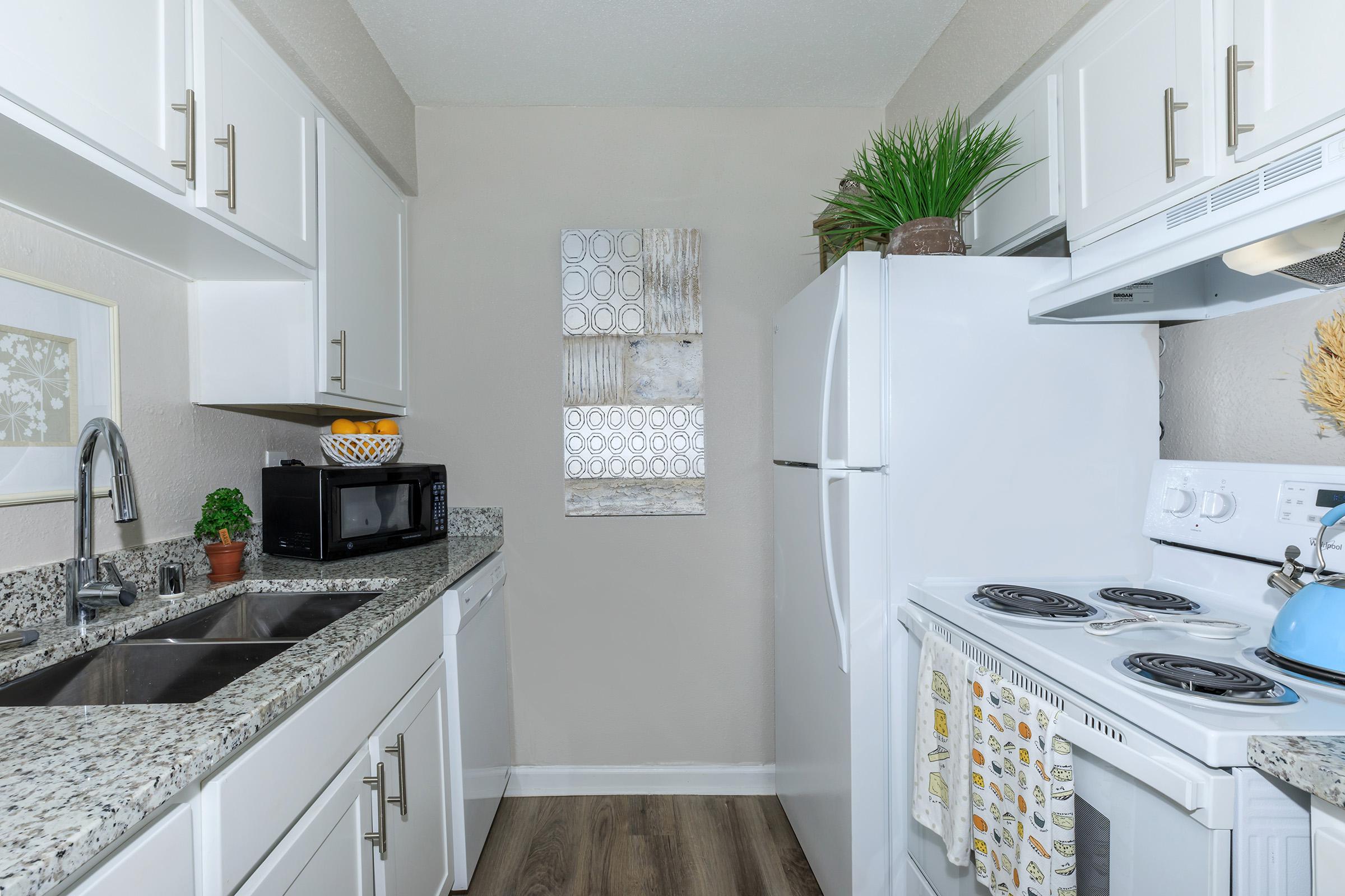 a kitchen with a stove sink and refrigerator