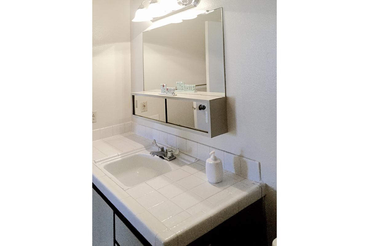 a white sink sitting under a mirror