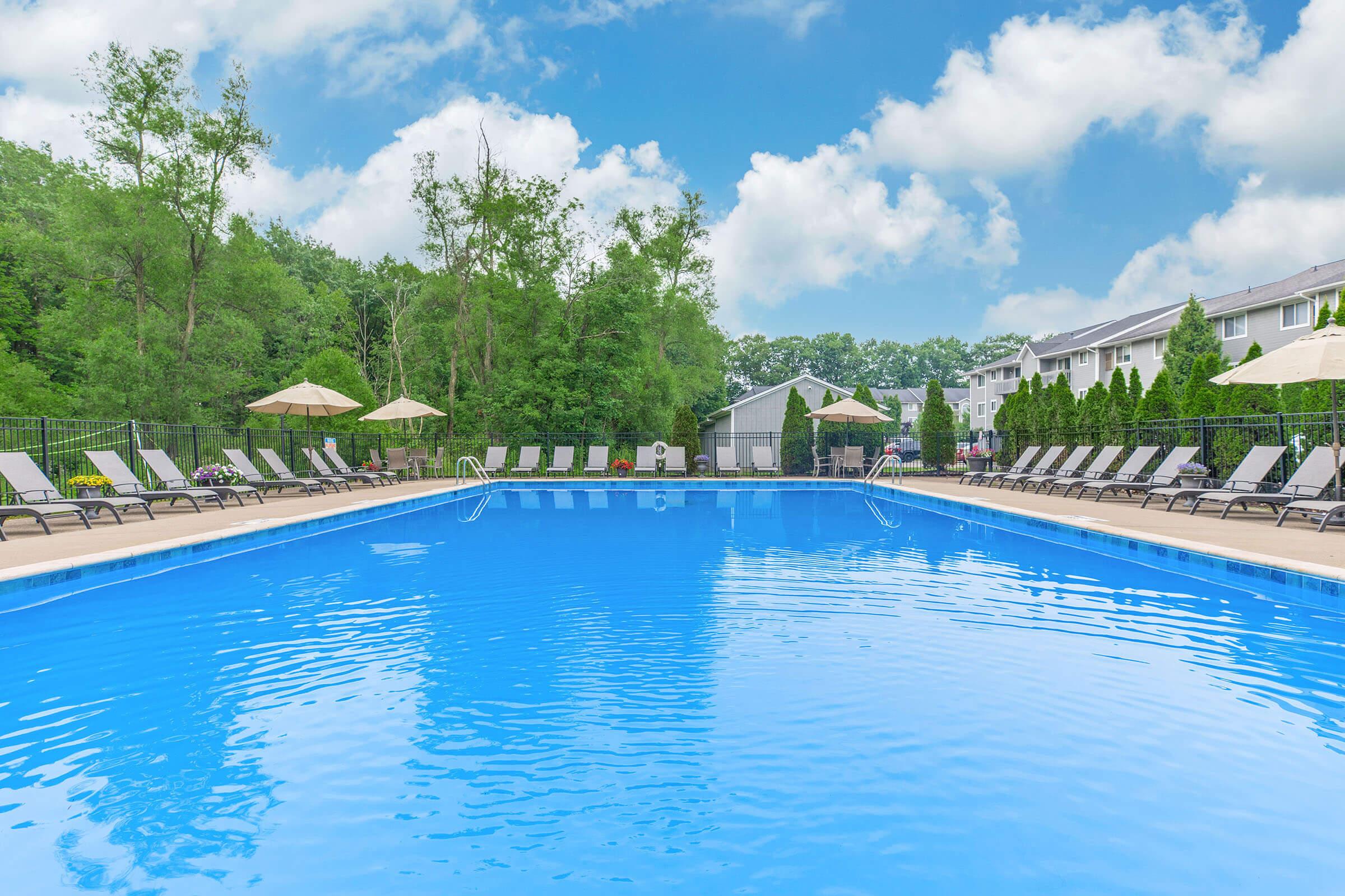 A sparkling blue swimming pool surrounded by lounge chairs and umbrellas, set in a lush green landscape with trees in the background. The scene is clear and bright under a blue sky with fluffy white clouds, creating a relaxing outdoor atmosphere.